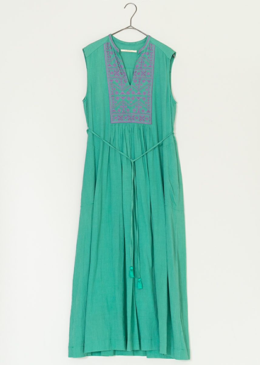 Cotton Dobby Stripe Embroidery Sleevless Dress | Pasand by ne 