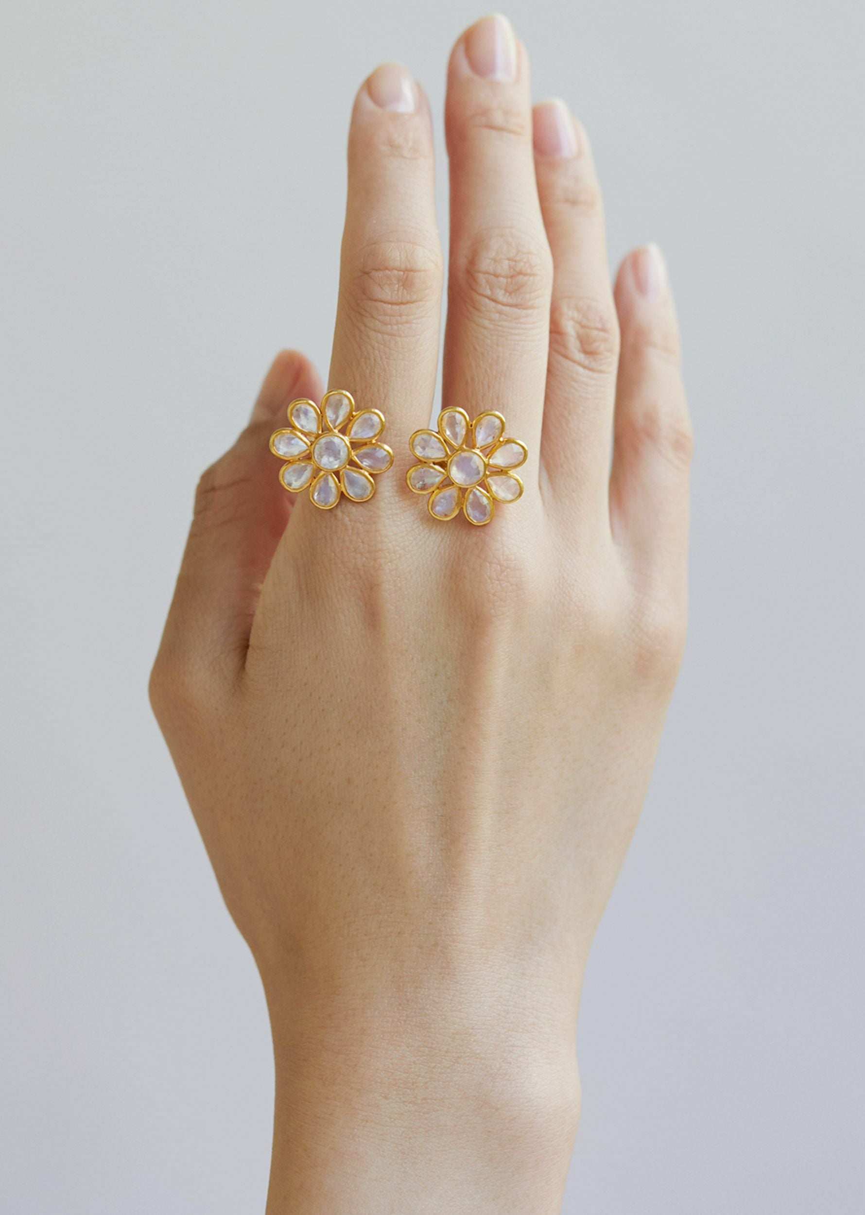 Rainbow Moonstone Double Flower Open Ring