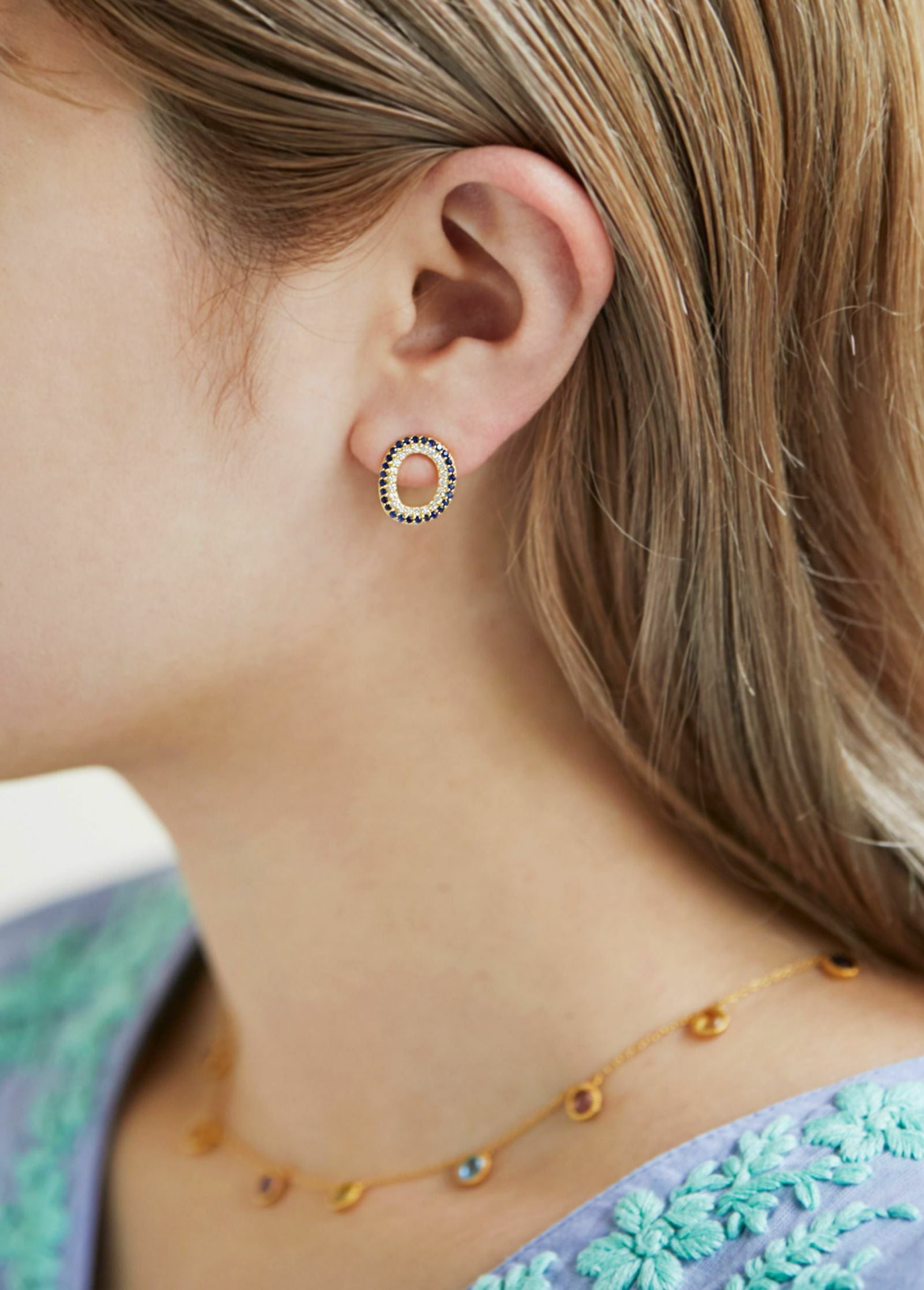 Blue Sapphire Organic Pave Circle Pierce