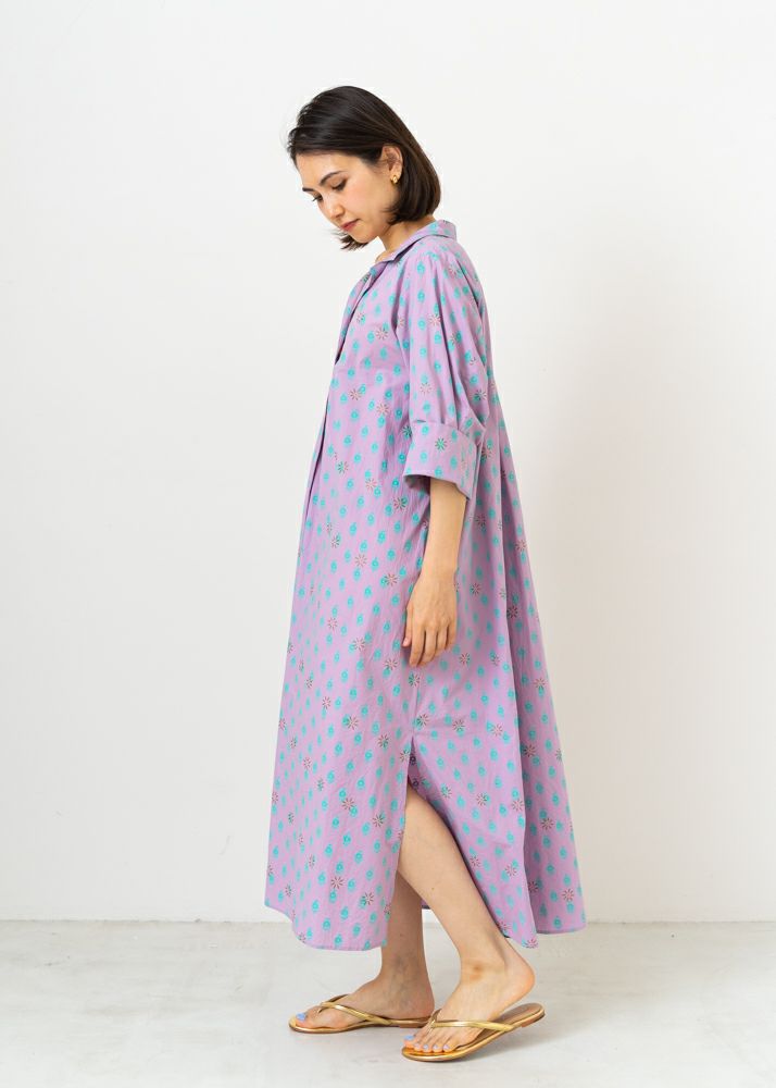 Organic Poplin Block Print Kaftan Dress
