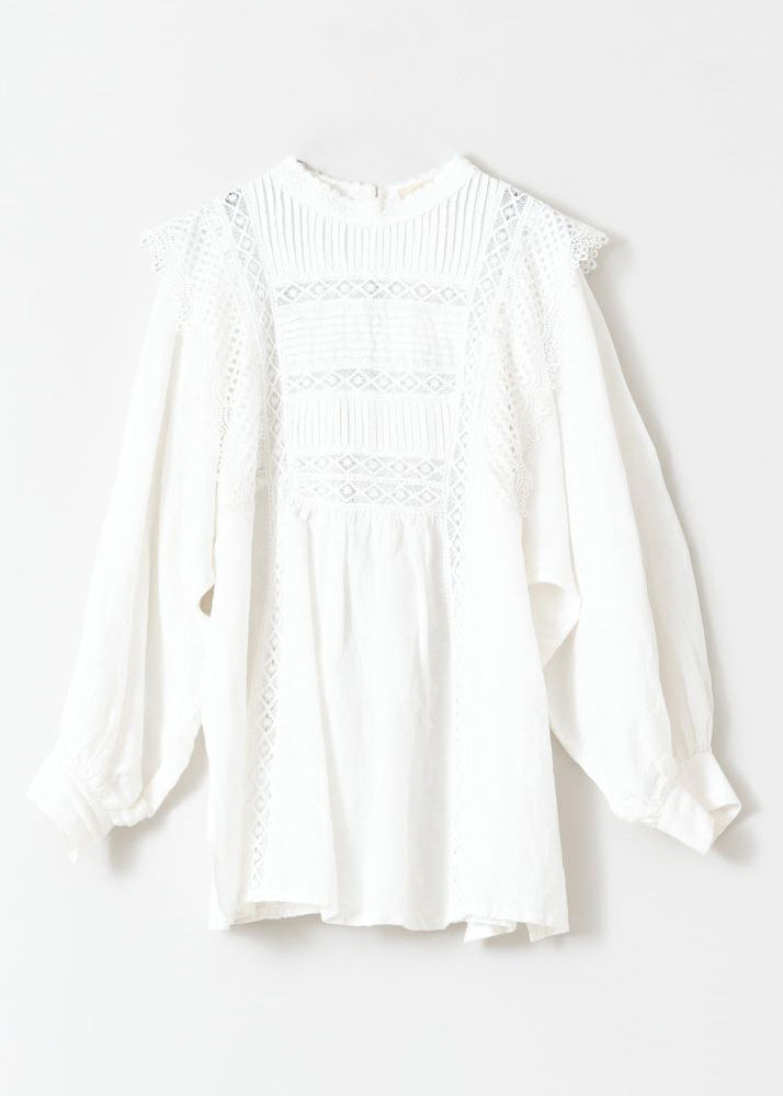 Cotton Linen Pin Tuck & Lace Blouse