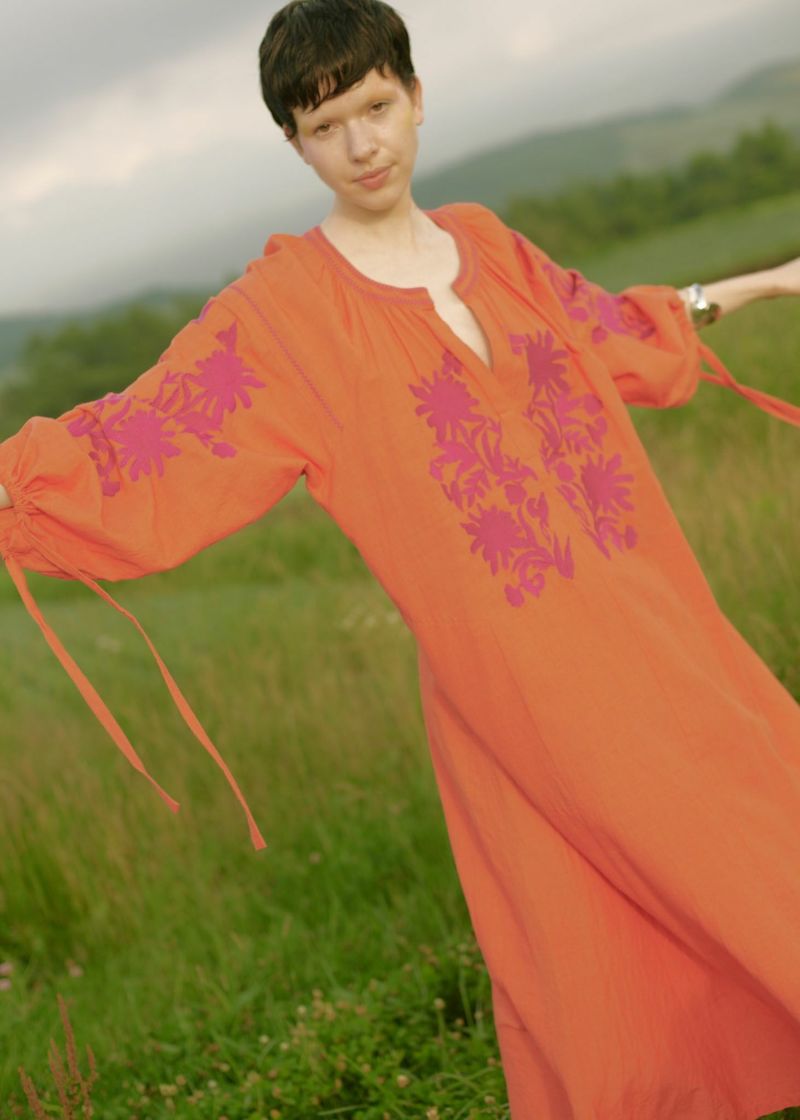 Cotton Linen Big Flower Embroidery Dress