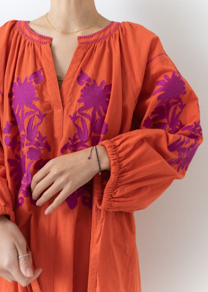 Cotton Linen Big Flower Embroidery Dress