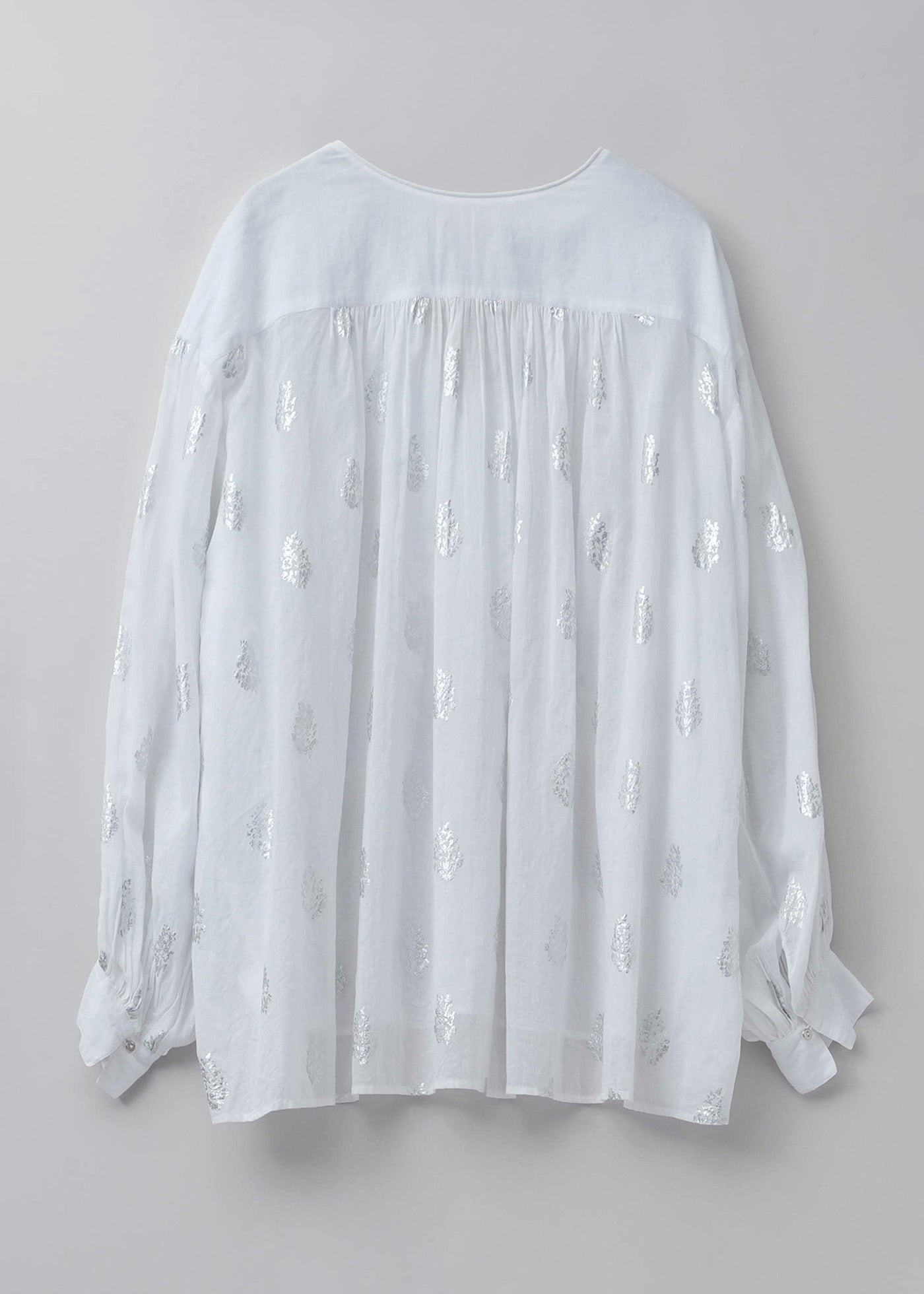 Cotton Voile Foil Flower Print Gather Blouse