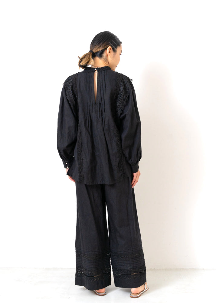 Cotton Linen Pin Tuck & Lace Blouse