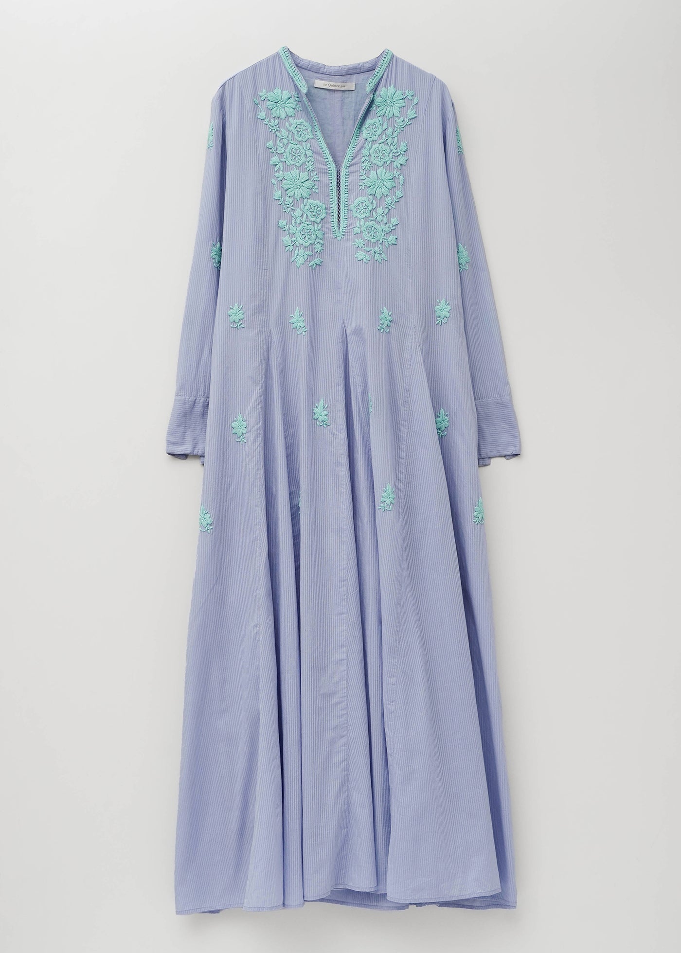 Dobby Stripe Chikan Embroidery Panel Dress