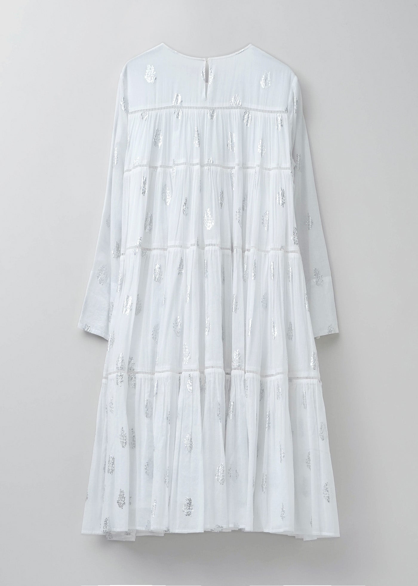 Cotton Voile Foil Flower Print Tiered Middle Length Dress