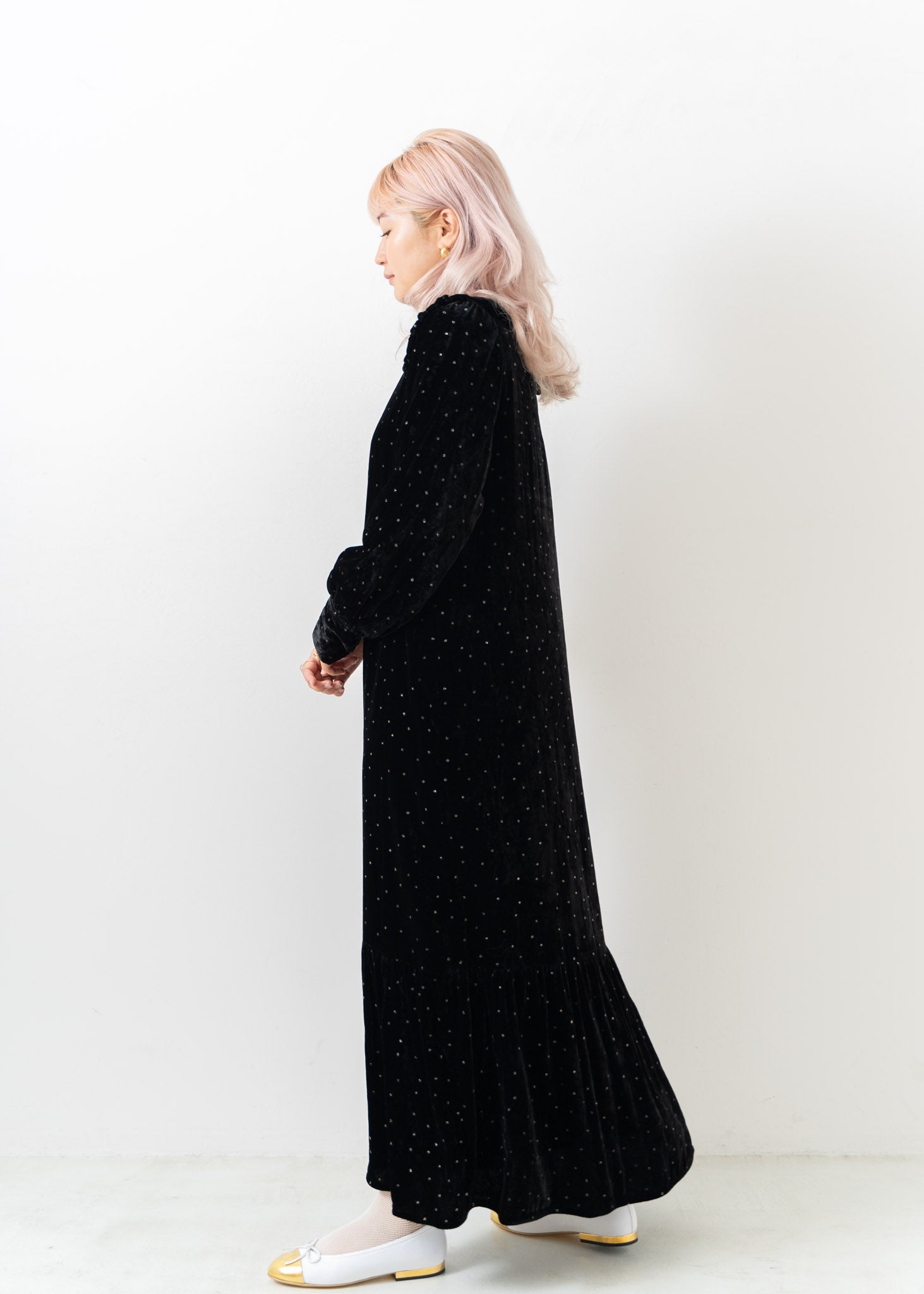 Velvet Glitter Print Frill Collar Dress