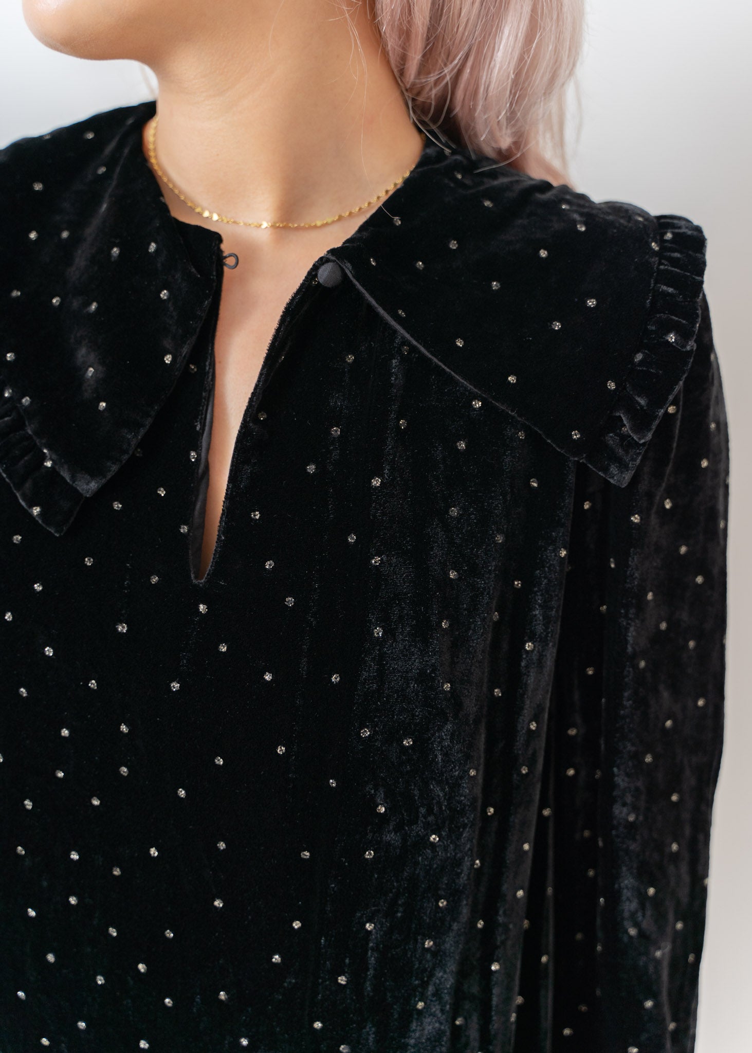 Velvet Glitter Print Frill Collar Dress