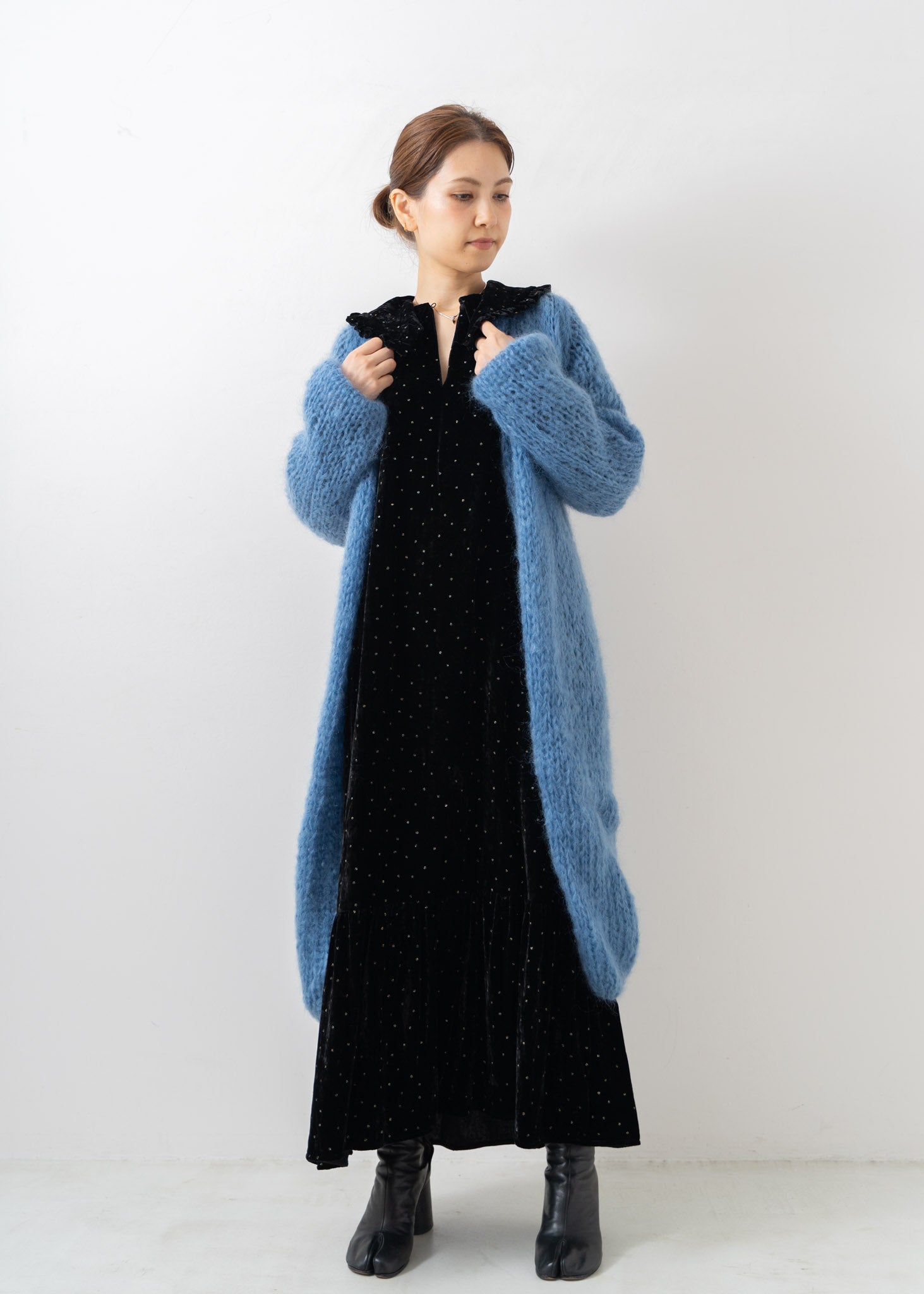 Velvet Glitter Print Frill Collar Dress