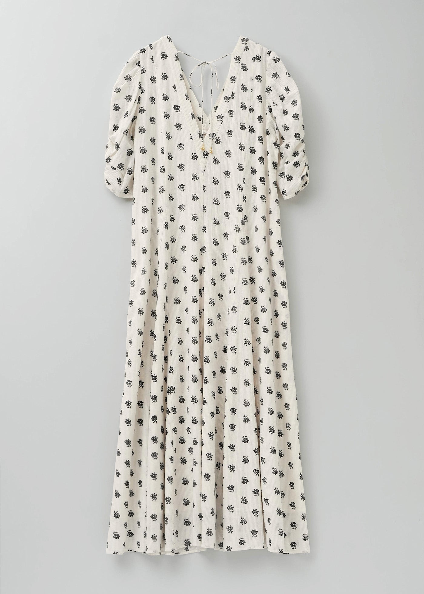 【5月上旬お届け予定】Cotton Dobby Stripe Anemone Print Gather Sleeve Dress