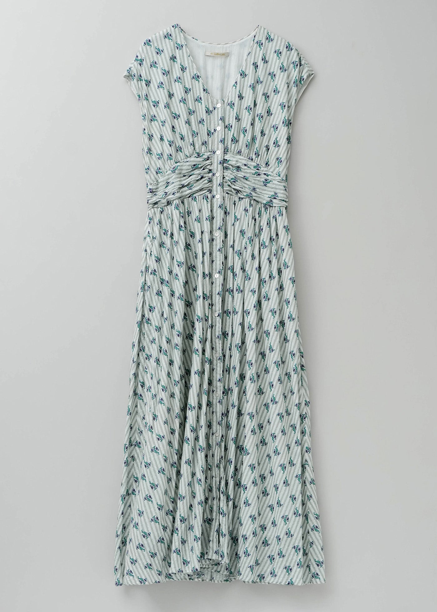 Cotton Jacquard Stripe Small Flower Print Sleeveless Waist Gather