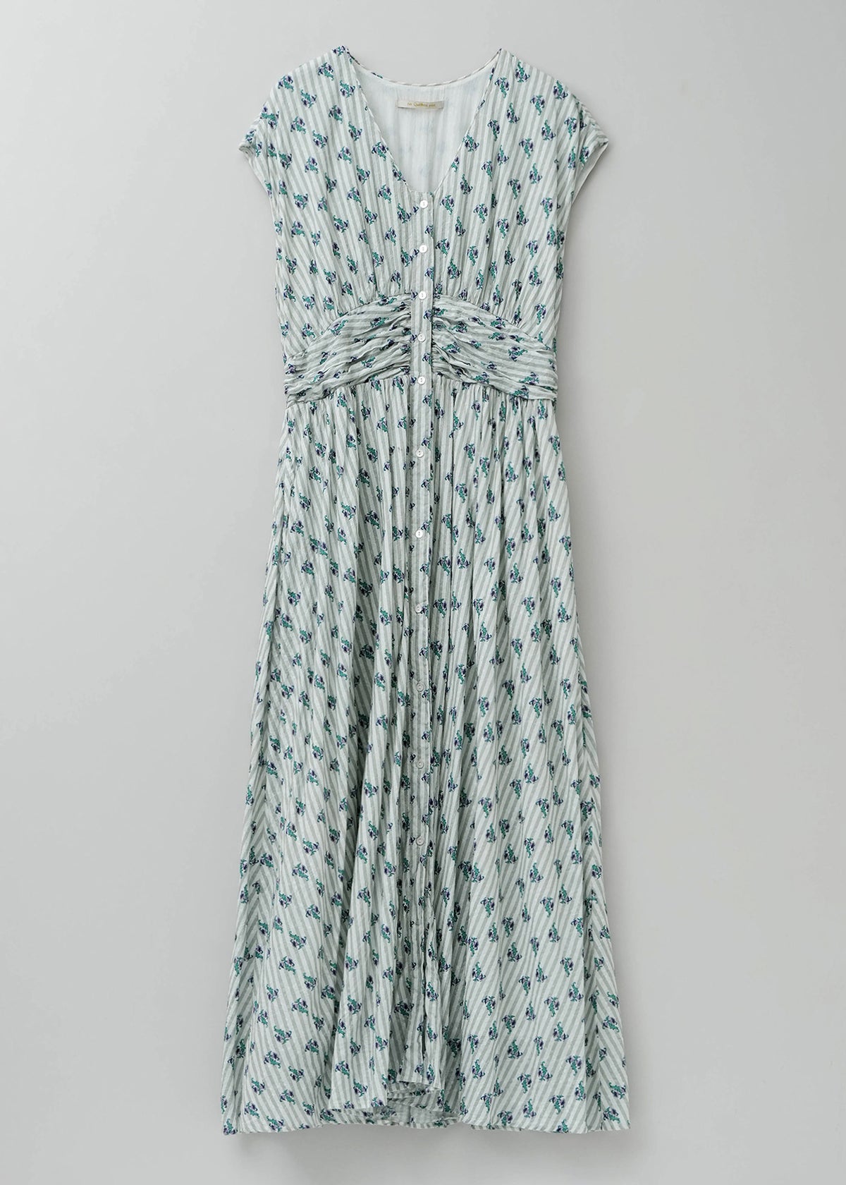 Cotton Jacquard Stripe Small Flower Print Sleeveless Waist Gather 