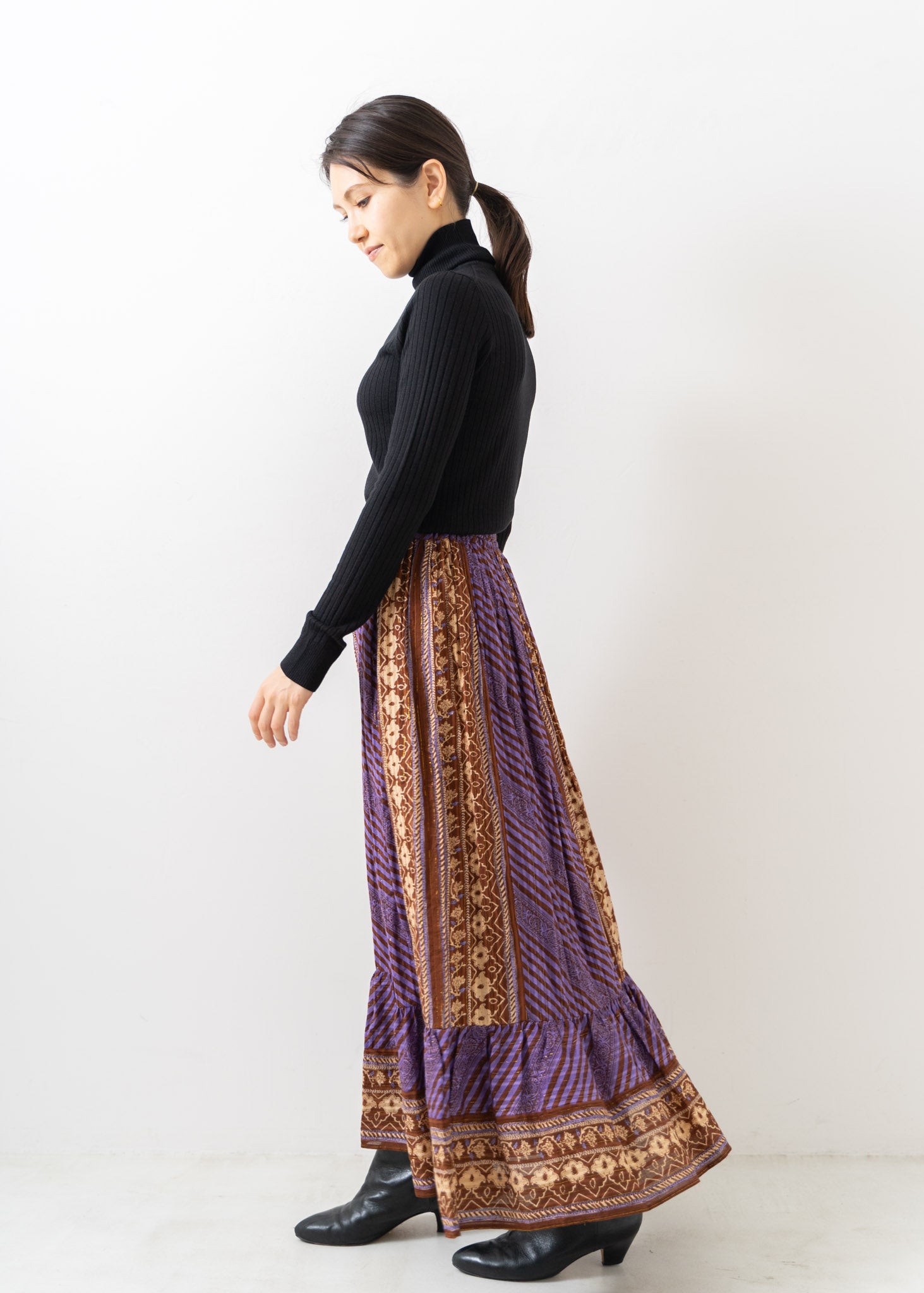 Cotton Stripe Ethnic Print Skirt