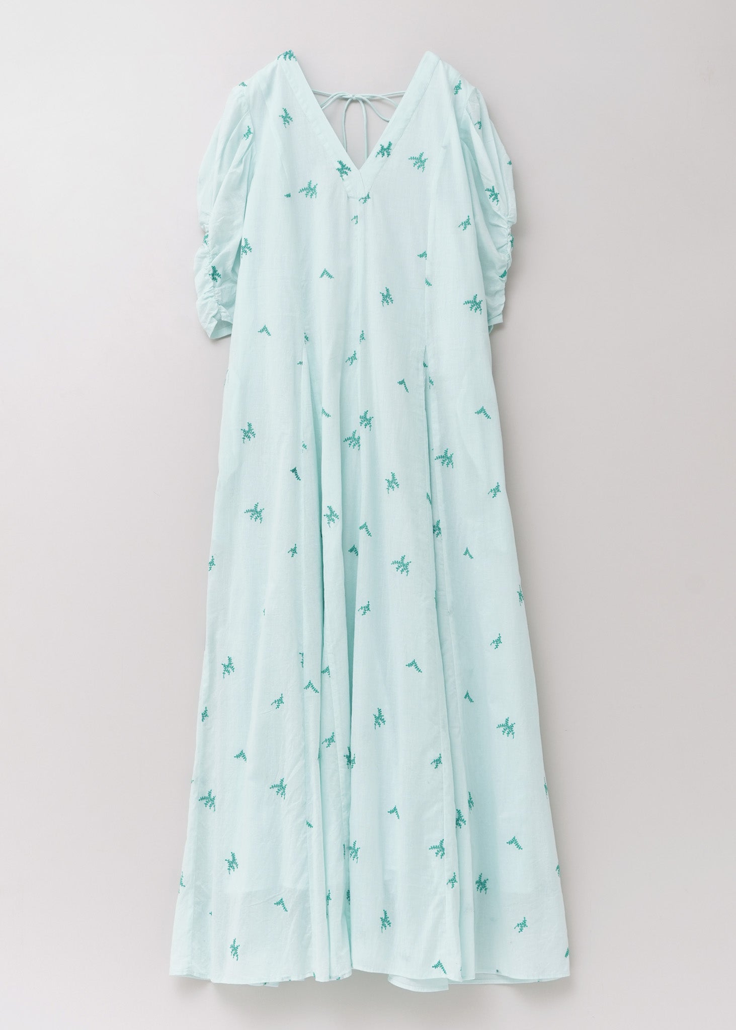 Cotton Voile Dot Leaf Embroidery Gather Sleeve Dress