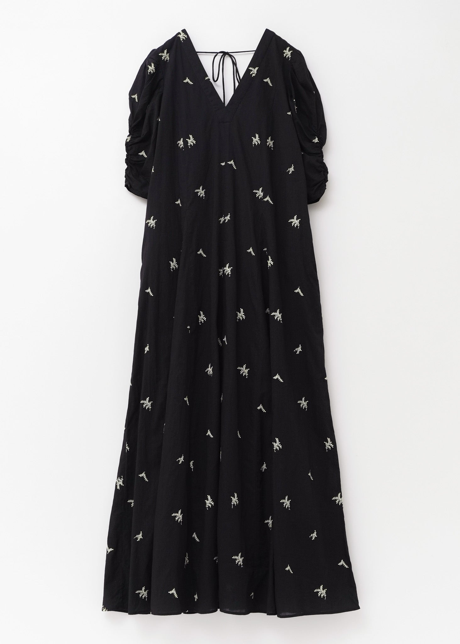 Cotton Voile Dot Leaf Embroidery Gather Sleeve Dress