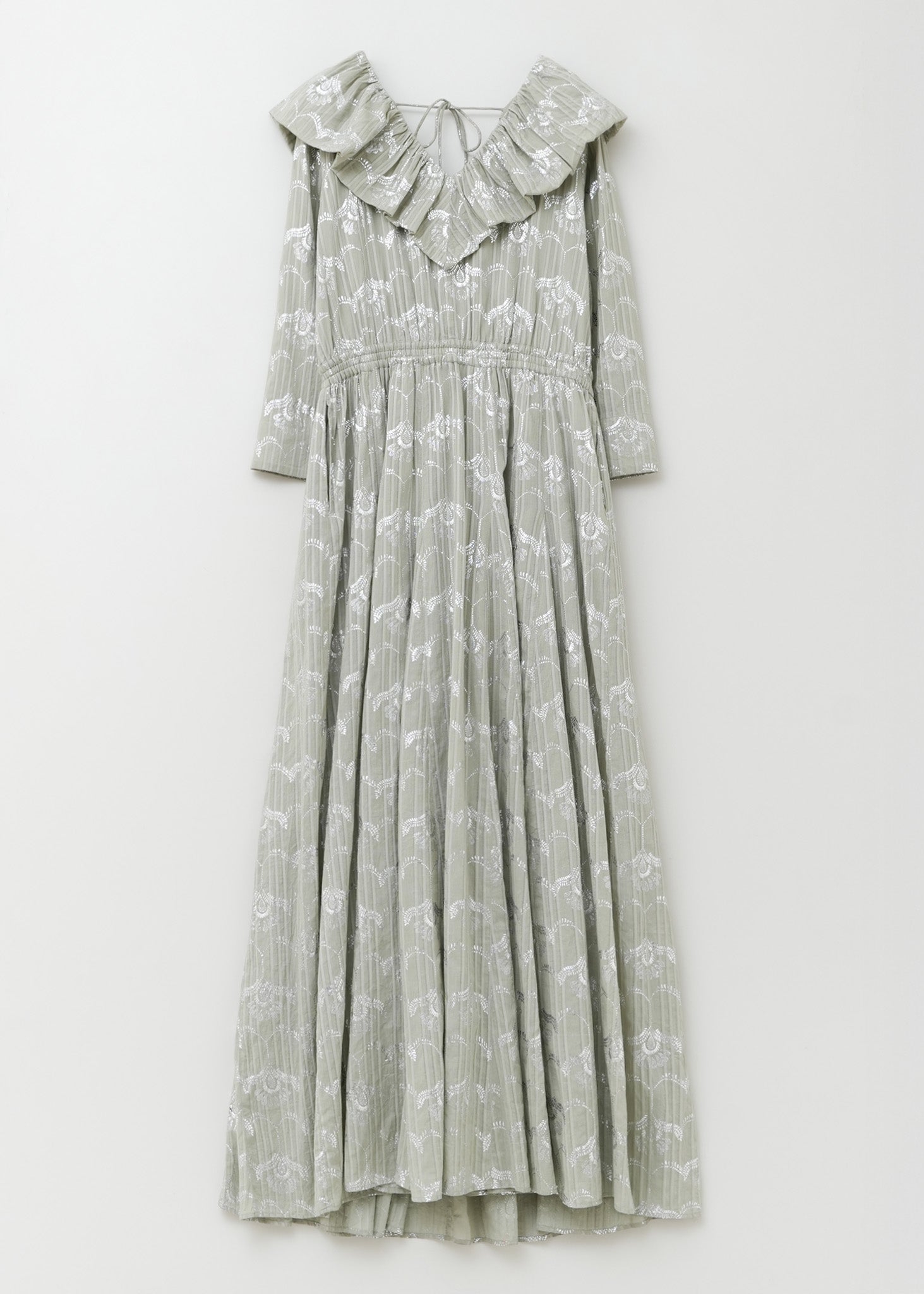 Cotton Dobby Wave Flower Foil Print Frill Collar Dress