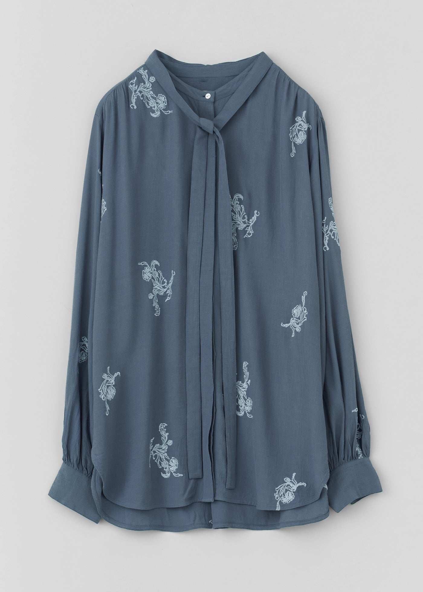 Moss Crape Mini Flower Embroidery Bow Tie Shirts