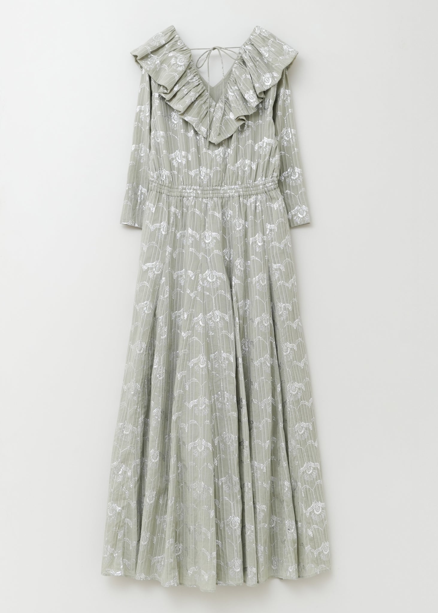 Cotton Dobby Wave Flower Foil Print Frill Collar Dress