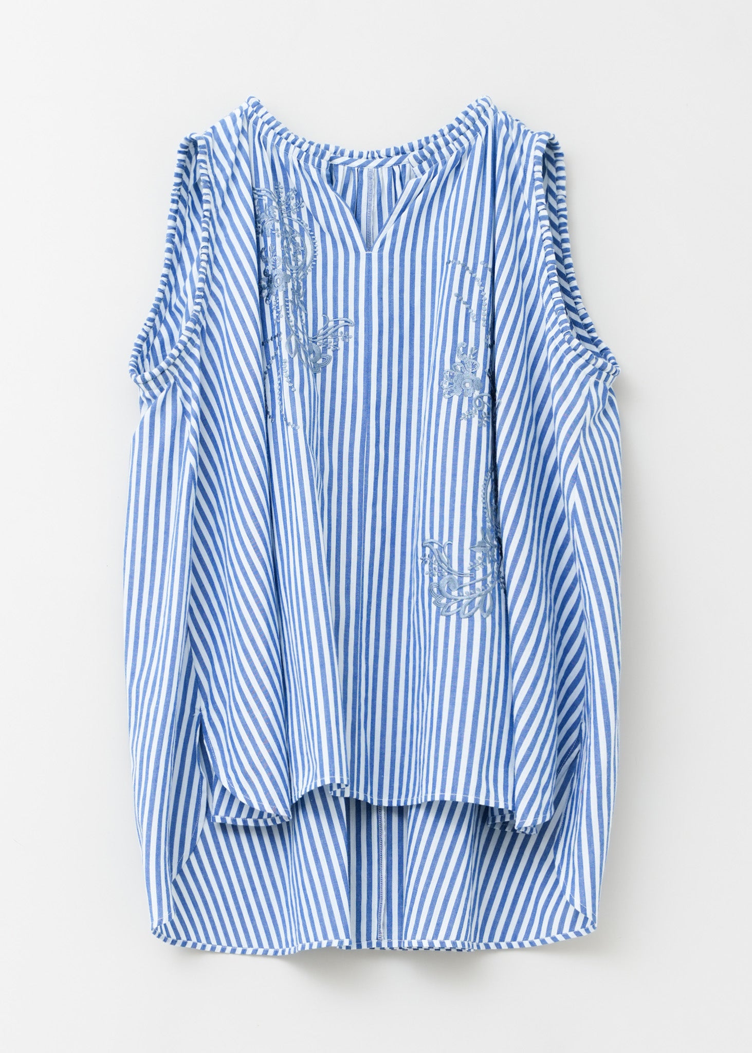 Cotton Stripe Ivy Flower Embroidery Sleeveless Top