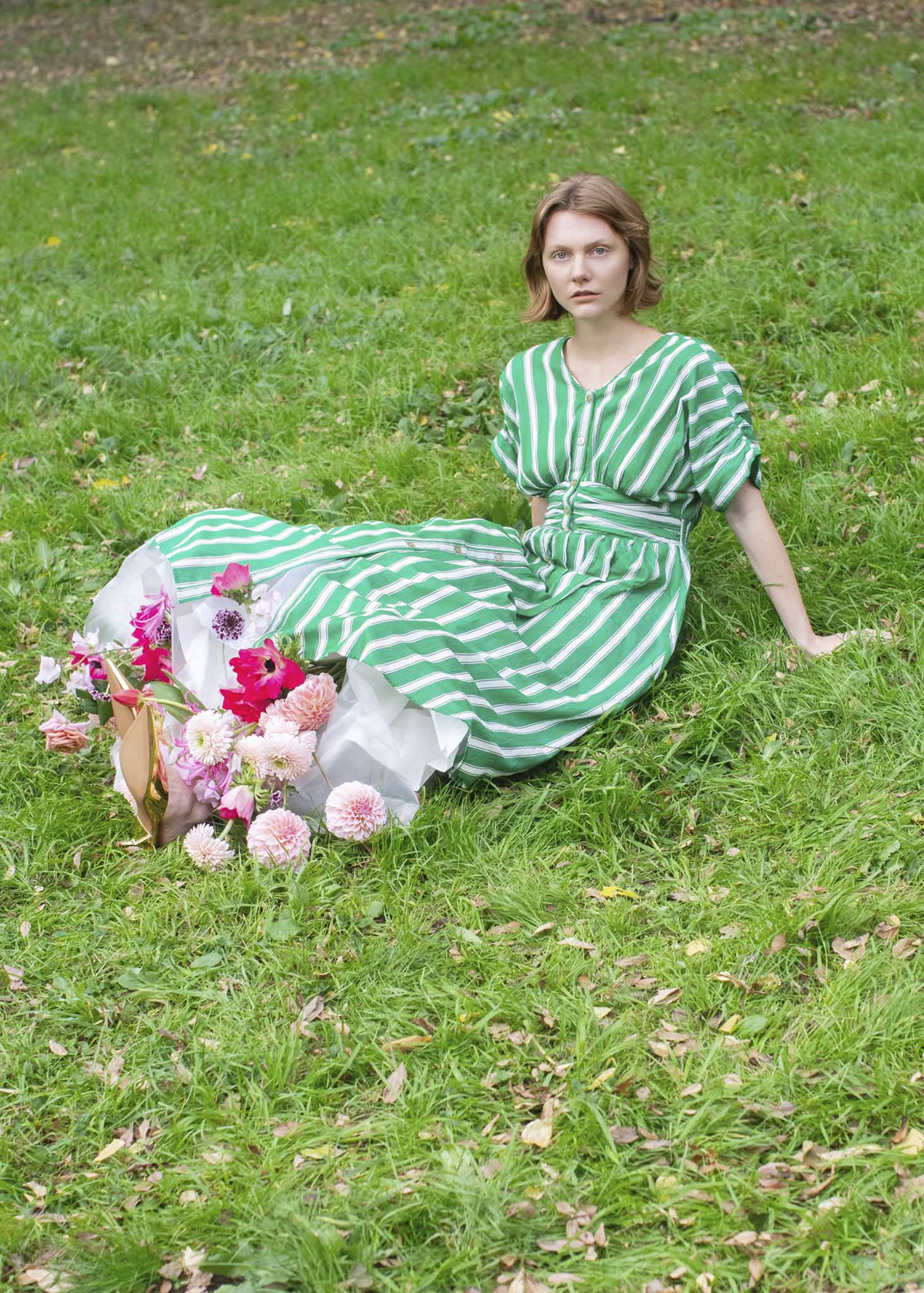 Cotton Voile Stripe Waist Gather Dress