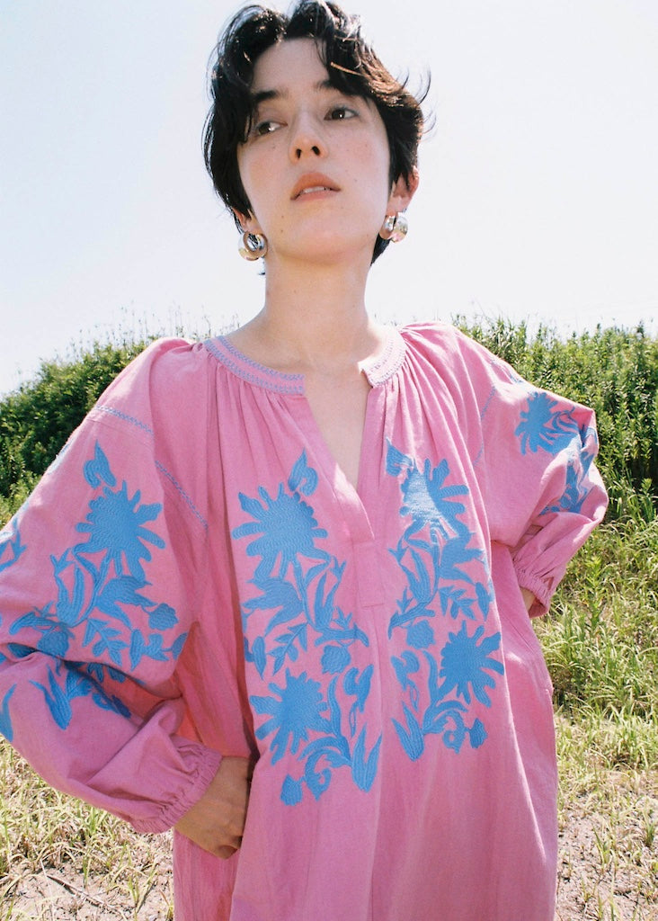 Cotton Linen Big Flower Embroidery Dress