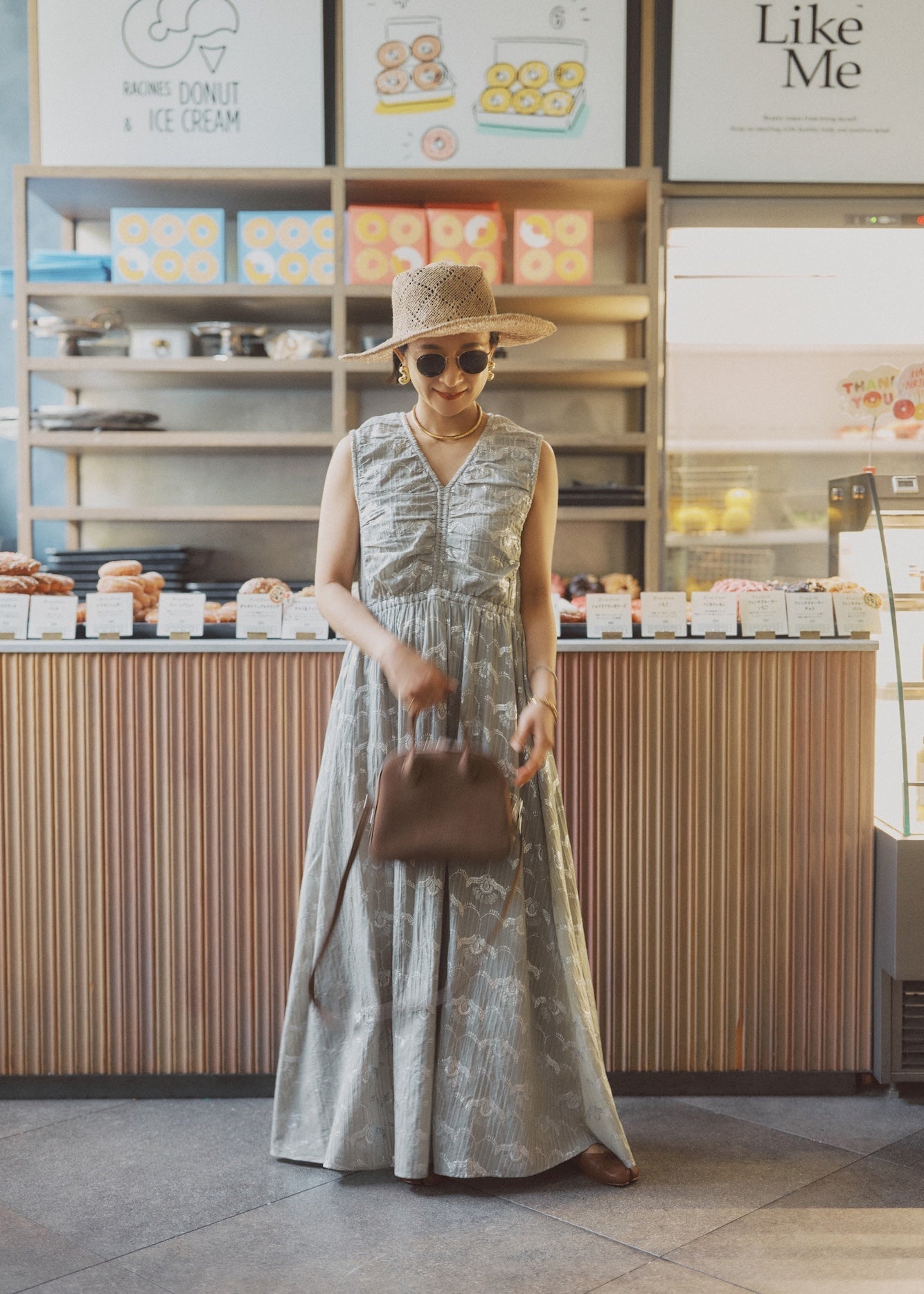 Cotton Dobby Wave Flower Foil Print Sleeveless Dress