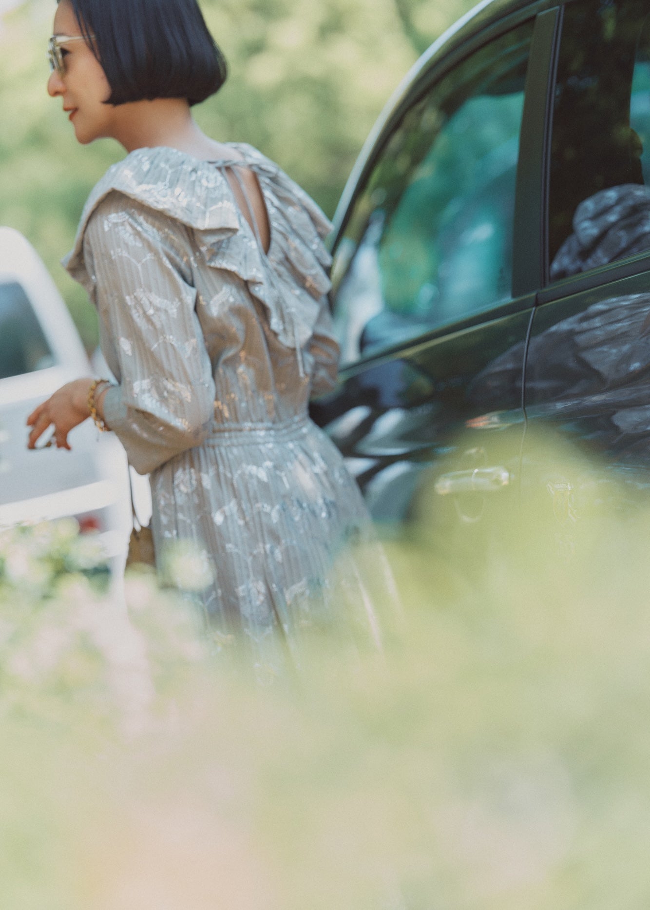 Cotton Dobby Wave Flower Foil Print Frill Collar Dress