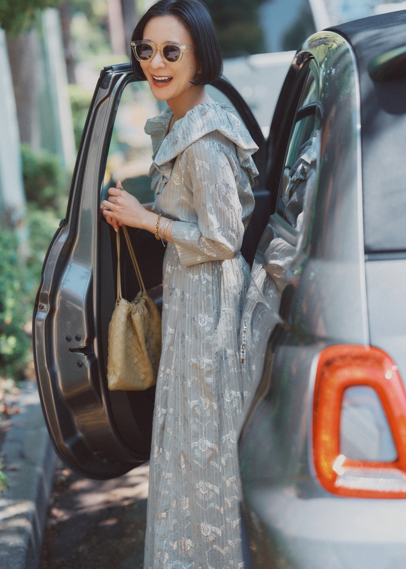 Cotton Dobby Wave Flower Foil Print Frill Collar Dress