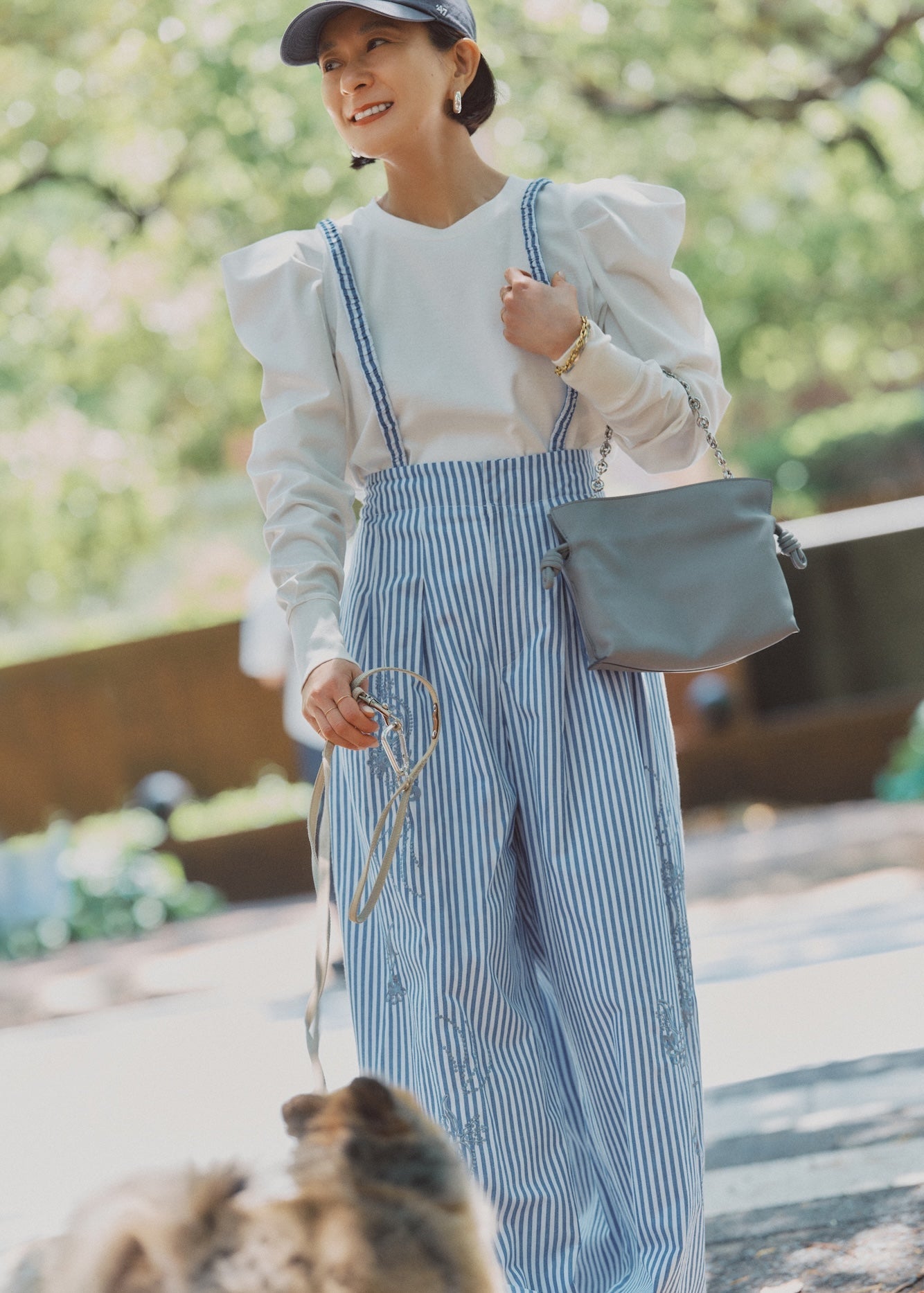 Cotton Stripe Ivy Flower Embroidery Pants