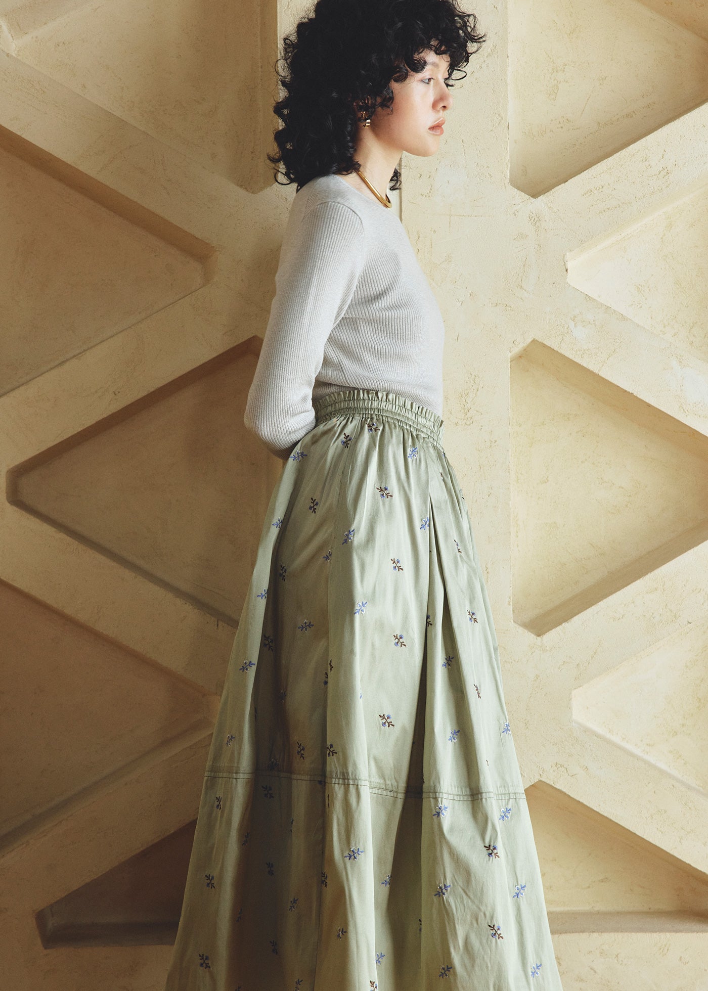 Poly Dupion Embroidery Tuck Gather Skirt