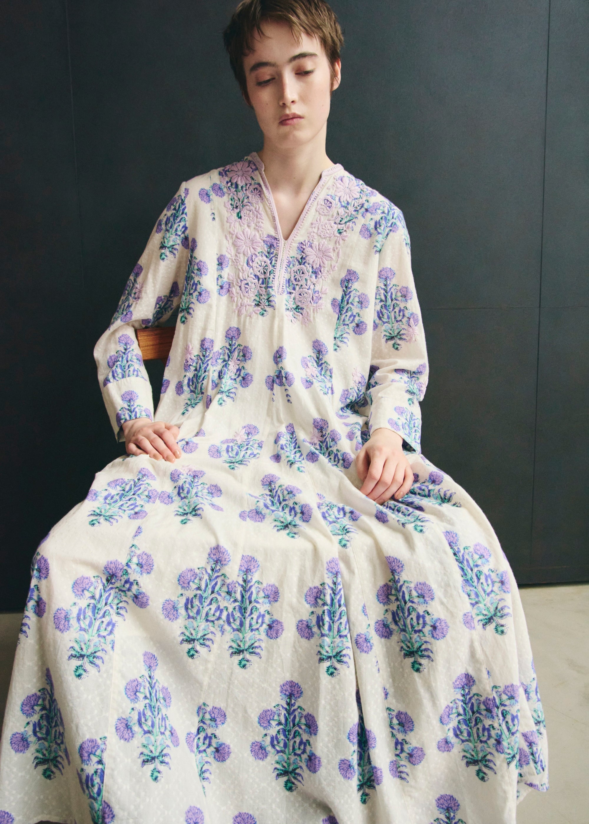 【9/2 10時発売】Cotton Jacquard Marigold Print Chikan Embroidery Dress