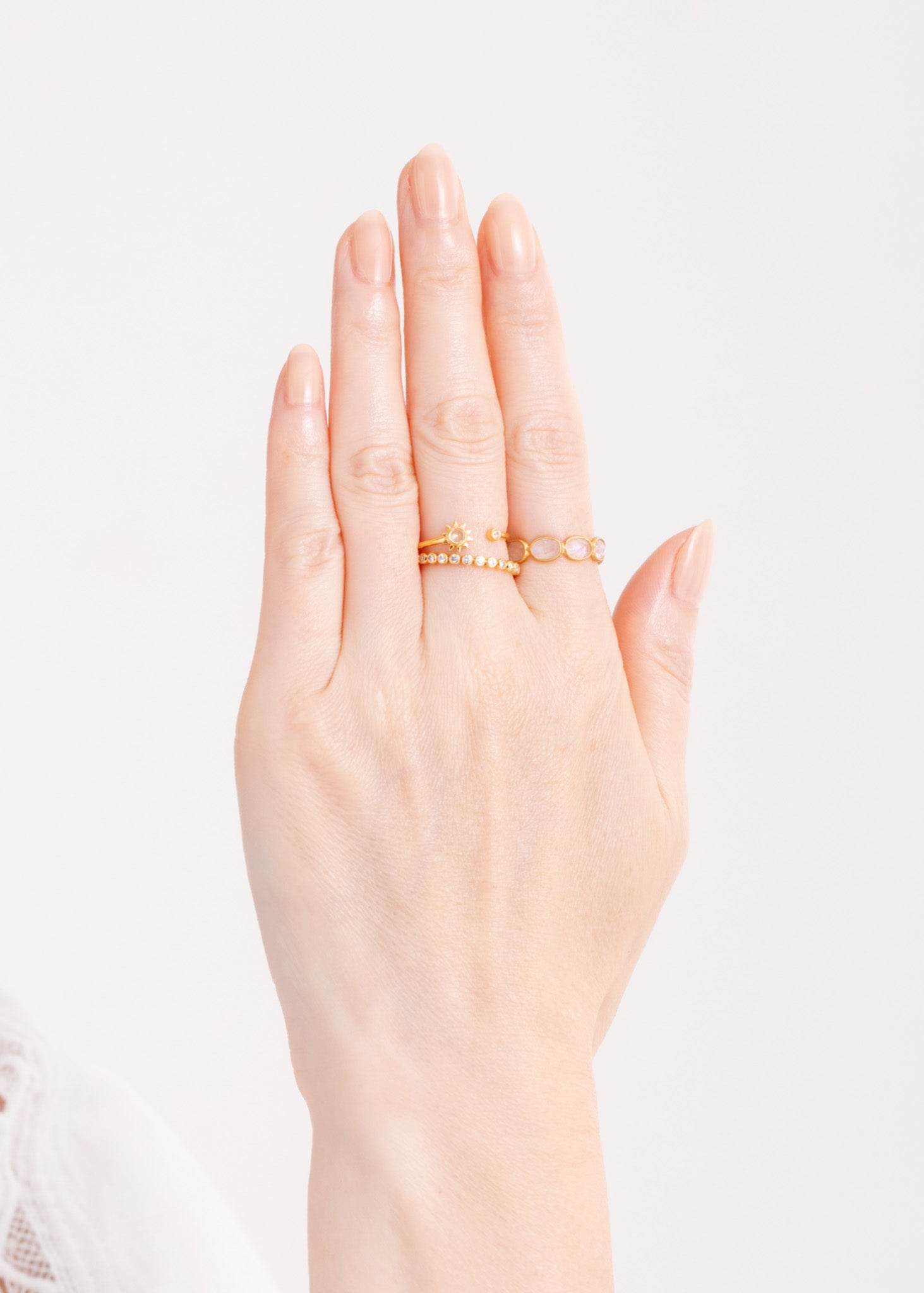 Sun Ring With Rainbow Moonstone & White Sapphire
