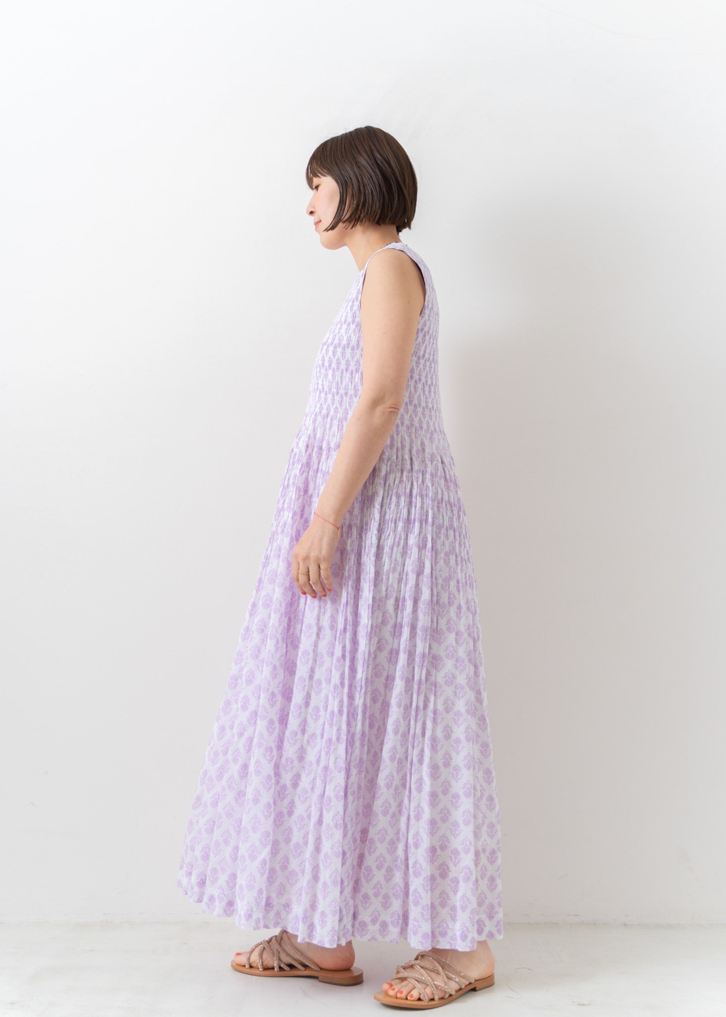 Lotus Combi Print Shirring Sleeveless Dress