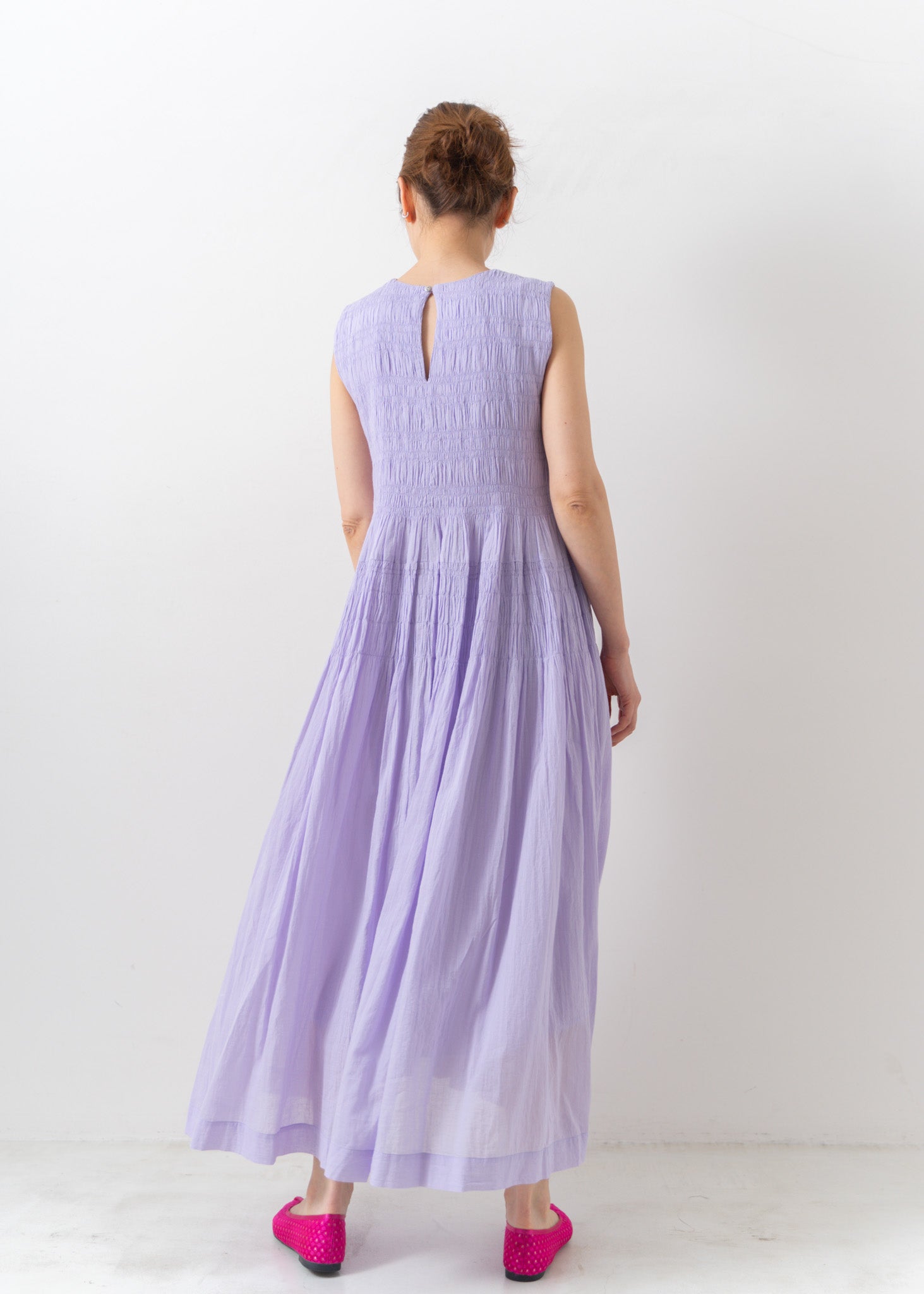Cotton Voile Shirring Sleeveless Dress