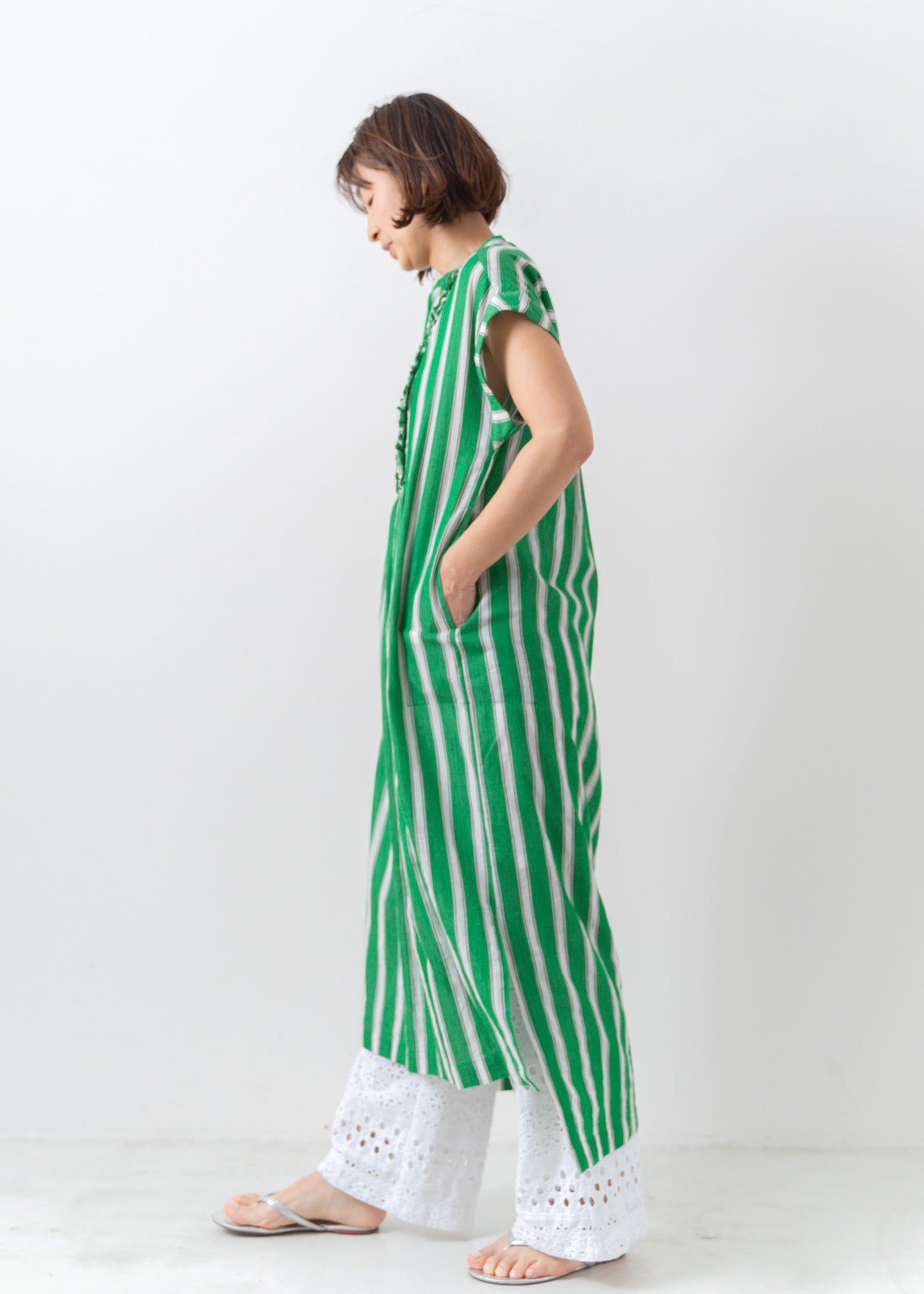 Cotton Voile Stripe Frill Sleeveless Shirt Dress
