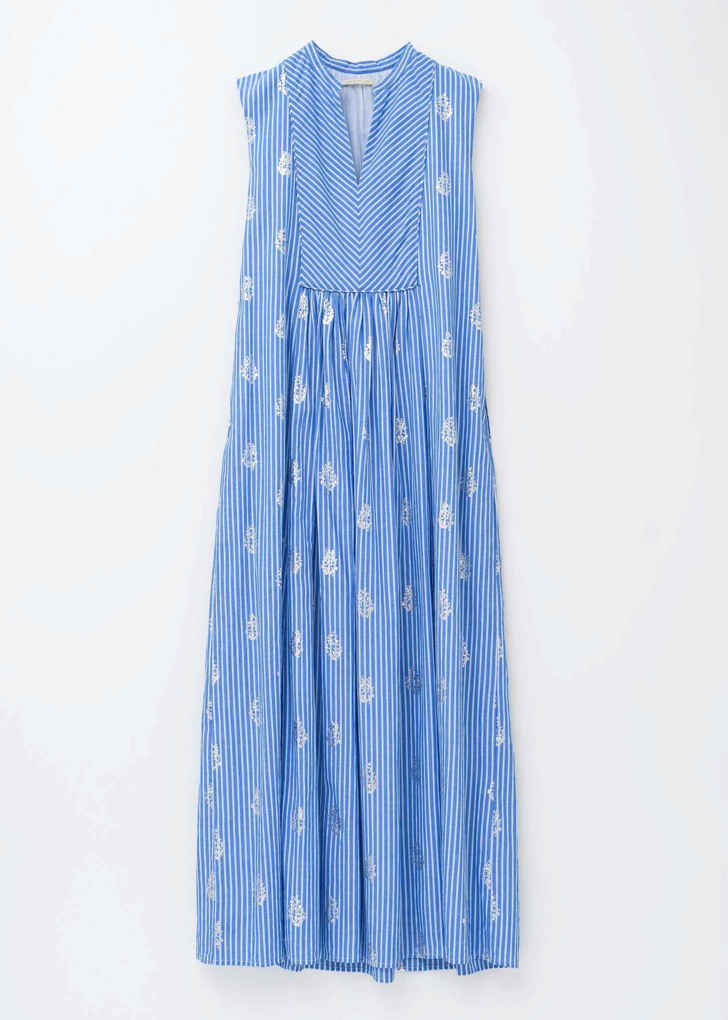 Cotton Poplin Stripe Foil Print Sleeveless Dress