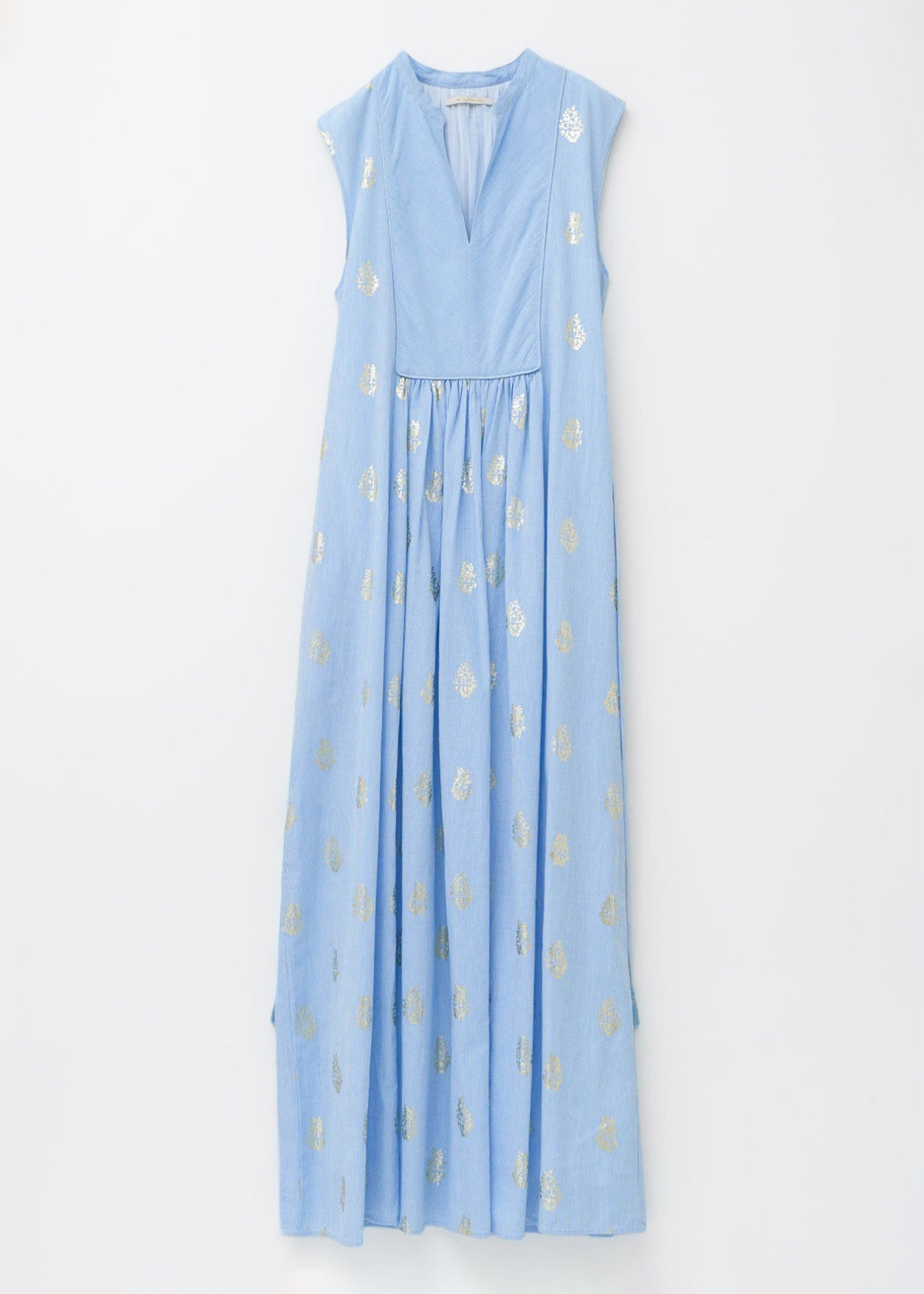 Cotton Poplin Stripe Foil Print Sleeveless Dress