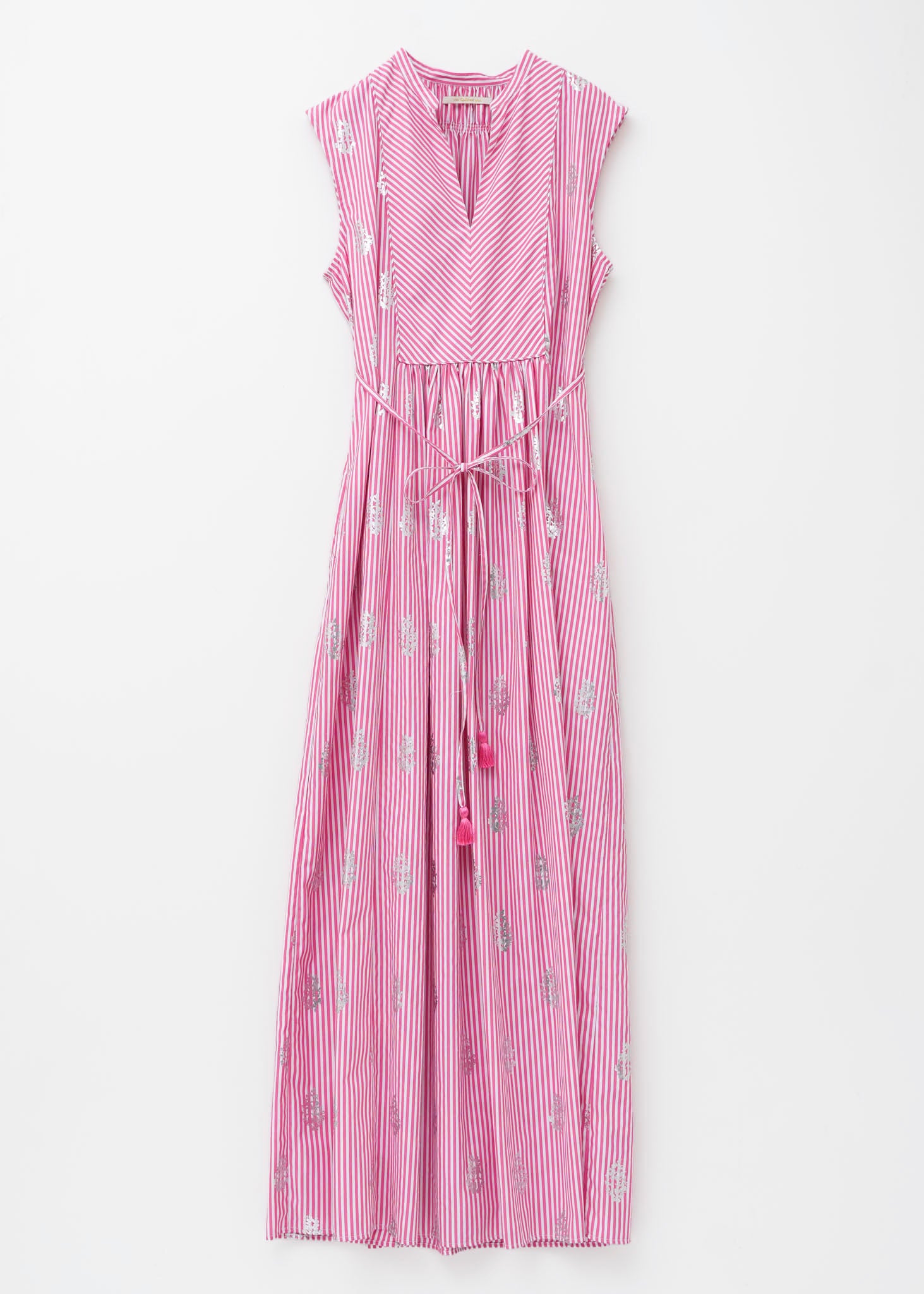 Cotton Poplin Stripe Foil Print Sleeveless Dress