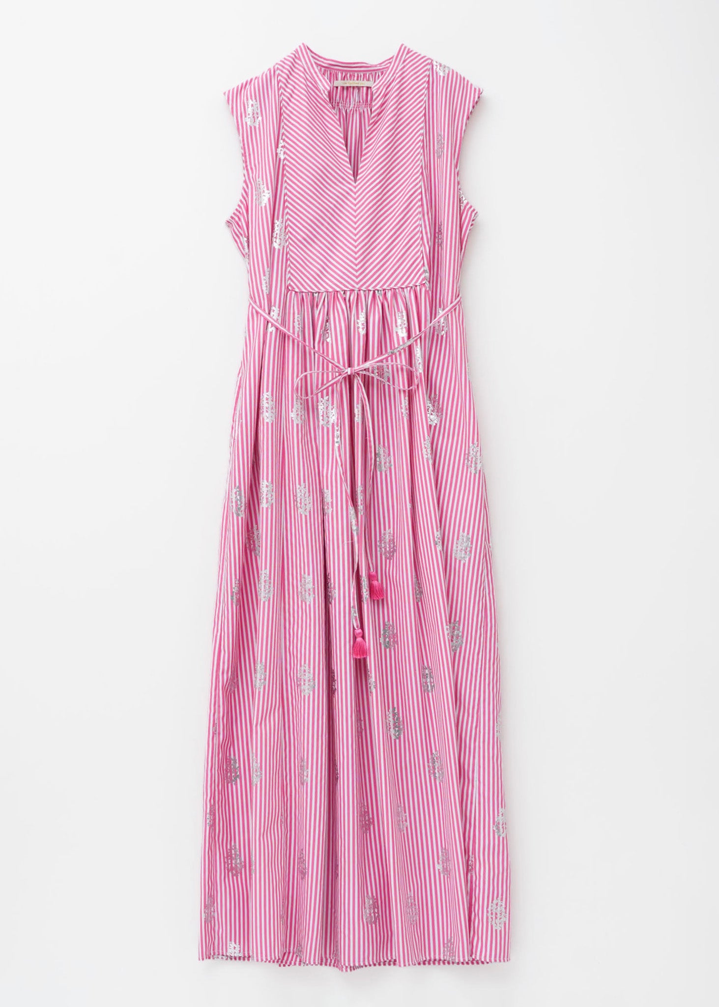 Cotton Poplin Stripe Foil Print Sleeveless Dress