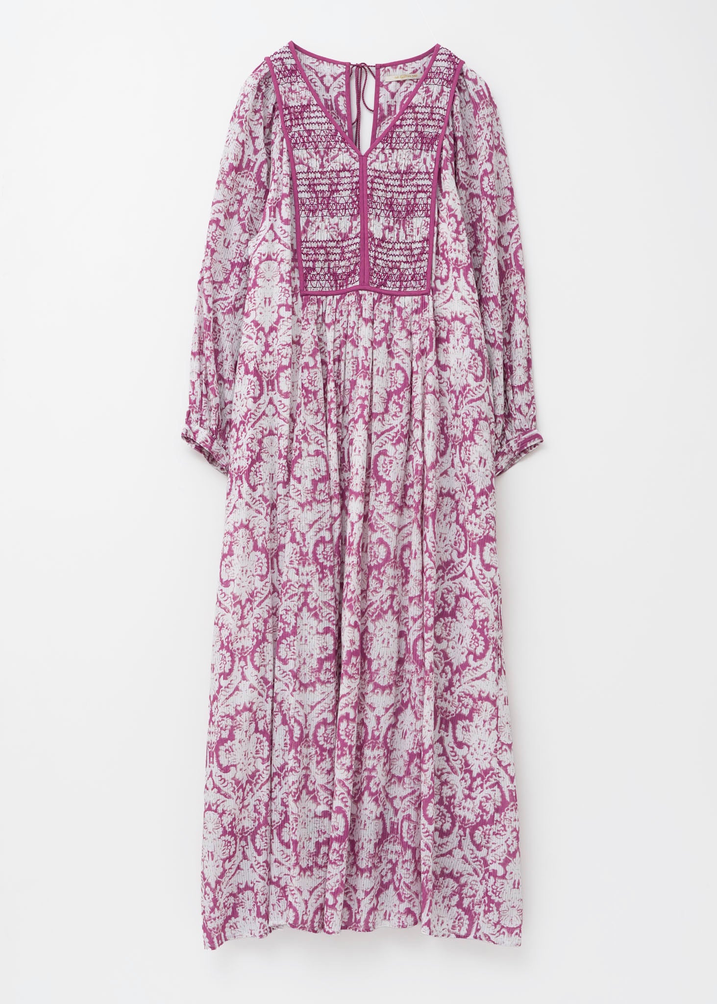 Dobby Stripe Damask Print Yoke Shirring Dress