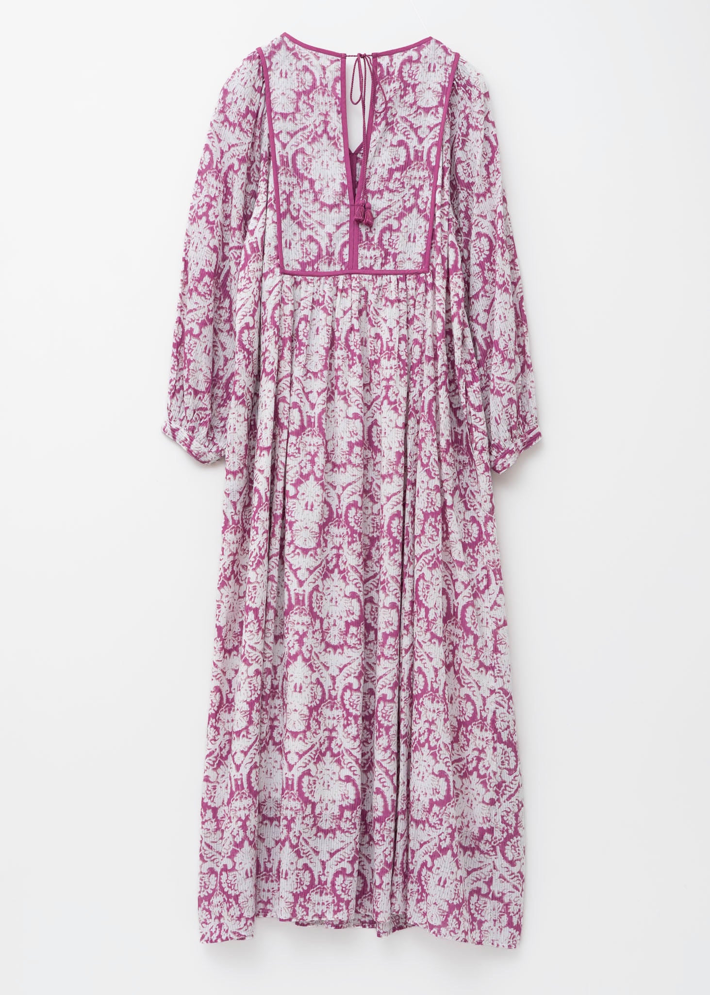 Dobby Stripe Damask Print Yoke Shirring Dress