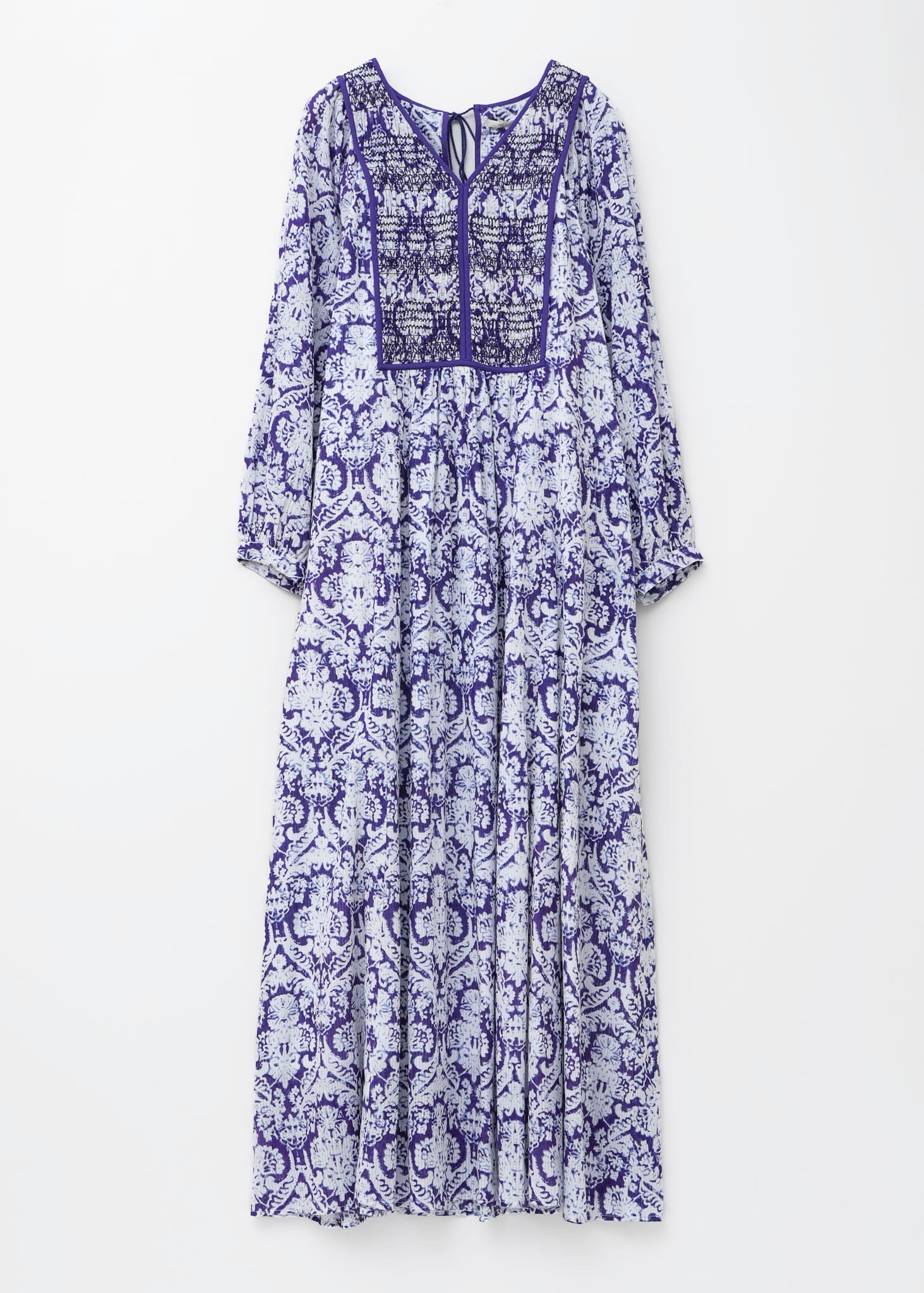 Dobby Stripe Damask Print Yoke Shirring Dress