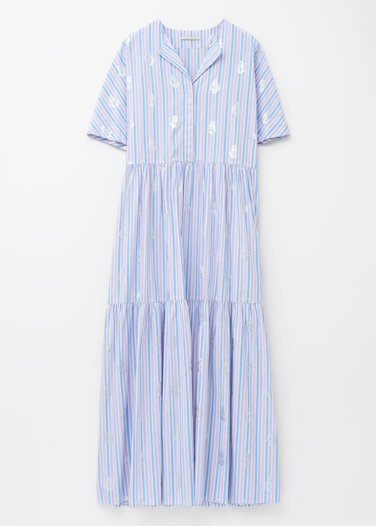 Cotton Poplin Stripe Foil Print Half Sleeve Tiered Dress