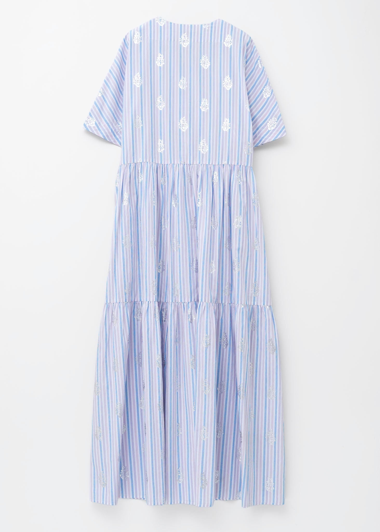 Cotton Poplin Stripe Foil Print Half Sleeve Tiered Dress