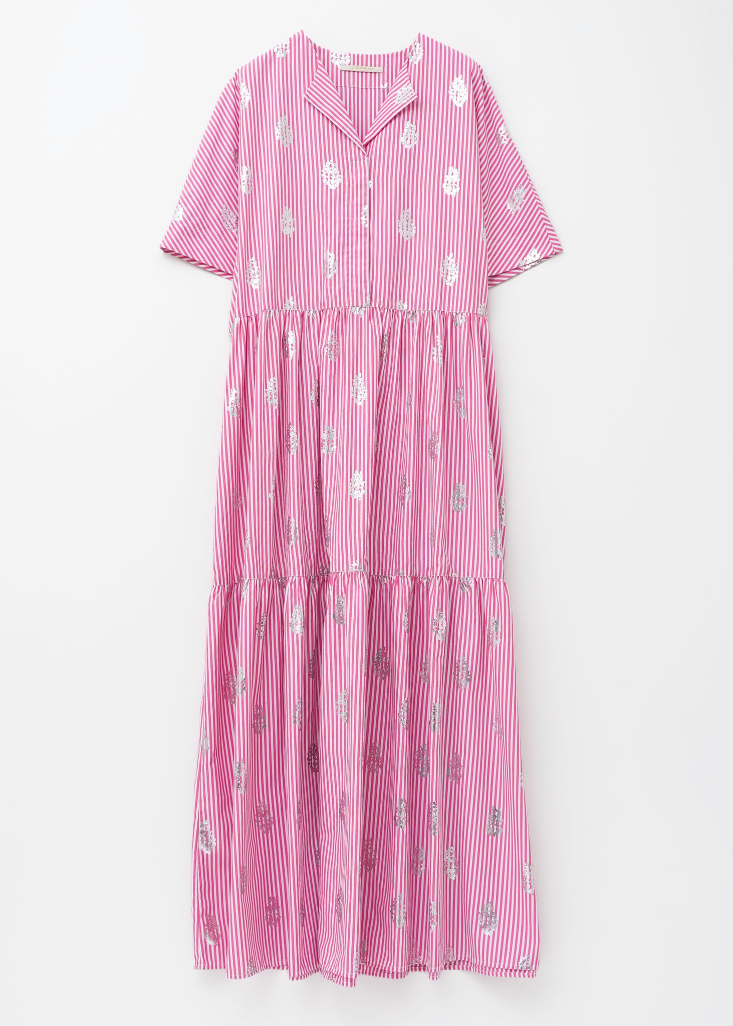 Cotton Poplin Stripe Foil Print Half Sleeve Tiered Dress | Pasand  