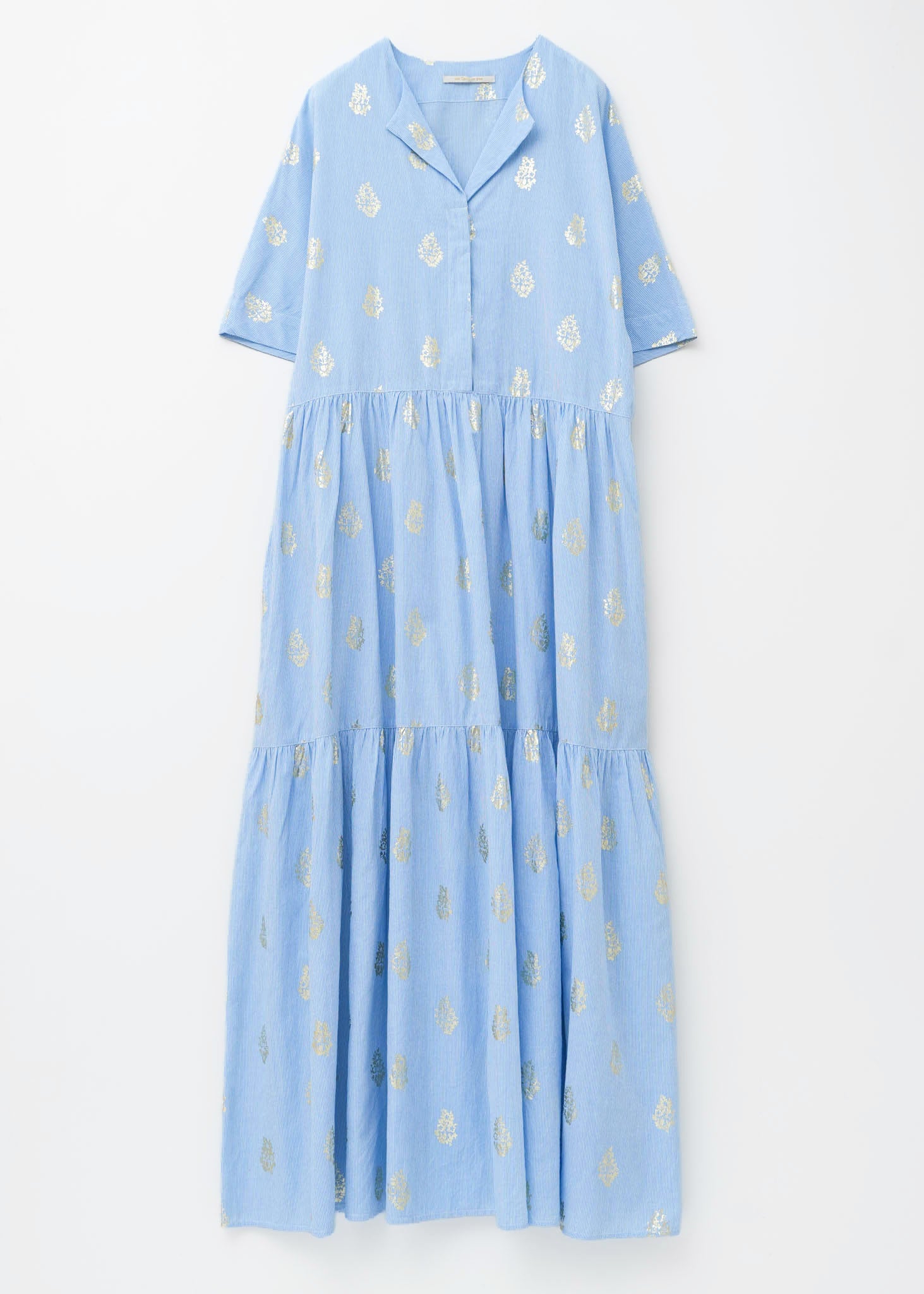 Cotton Poplin Stripe Foil Print Half Sleeve Tiered Dress