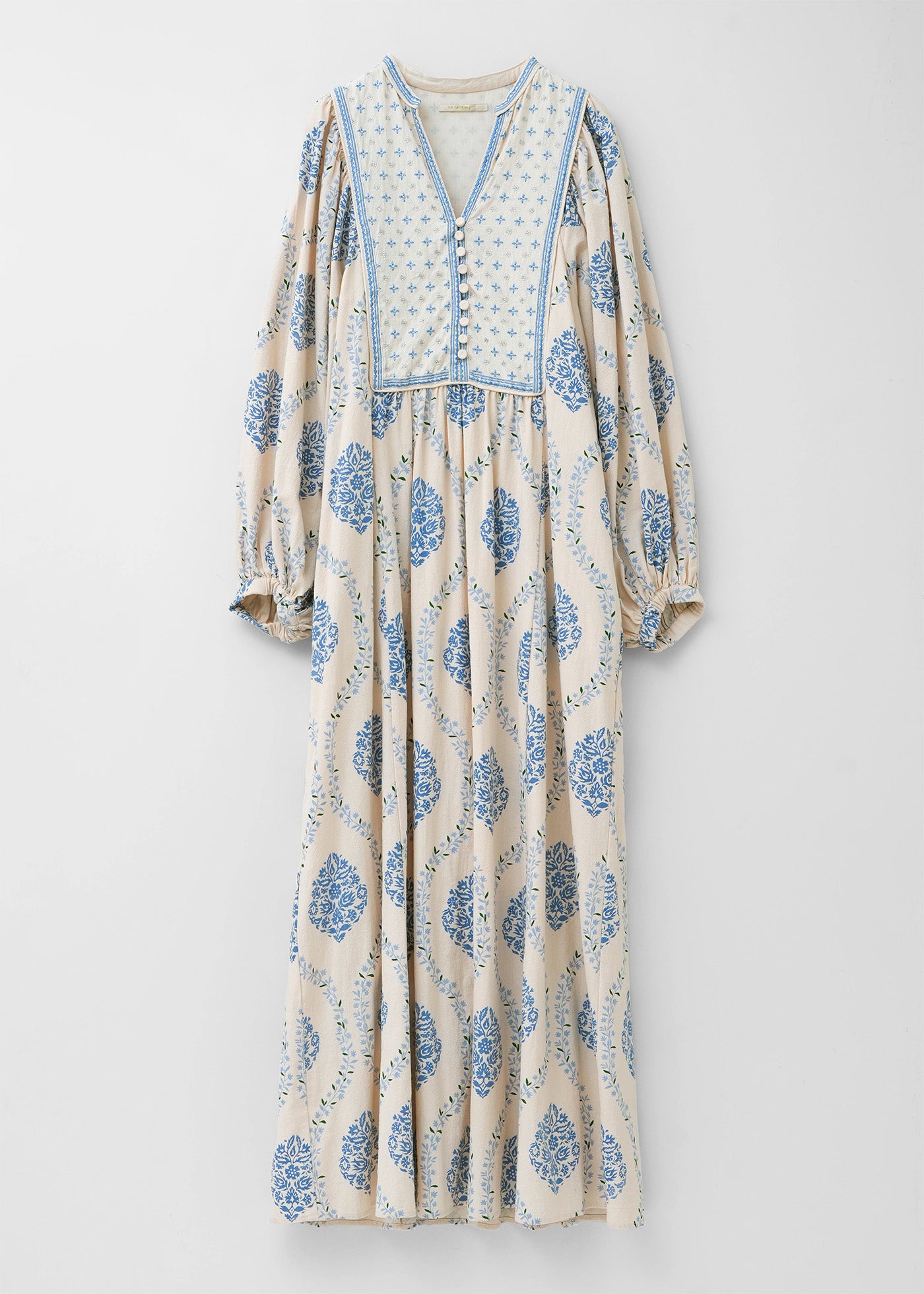 Crimp Cotton Flower Print Yoke Embroidery Dress