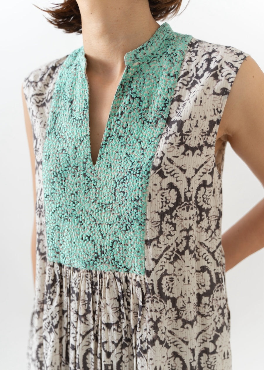 Dobby Stripe Damask Print Embroidery Sleeveless Dress