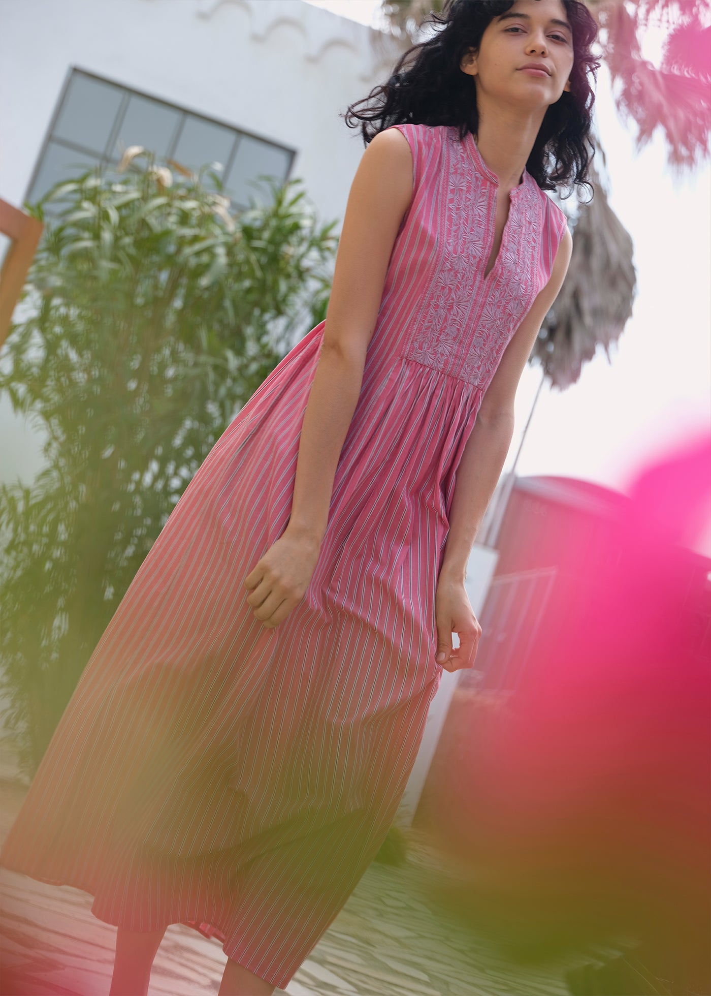 Poplin Stripe Flower Embroidery Sleeveless Dress